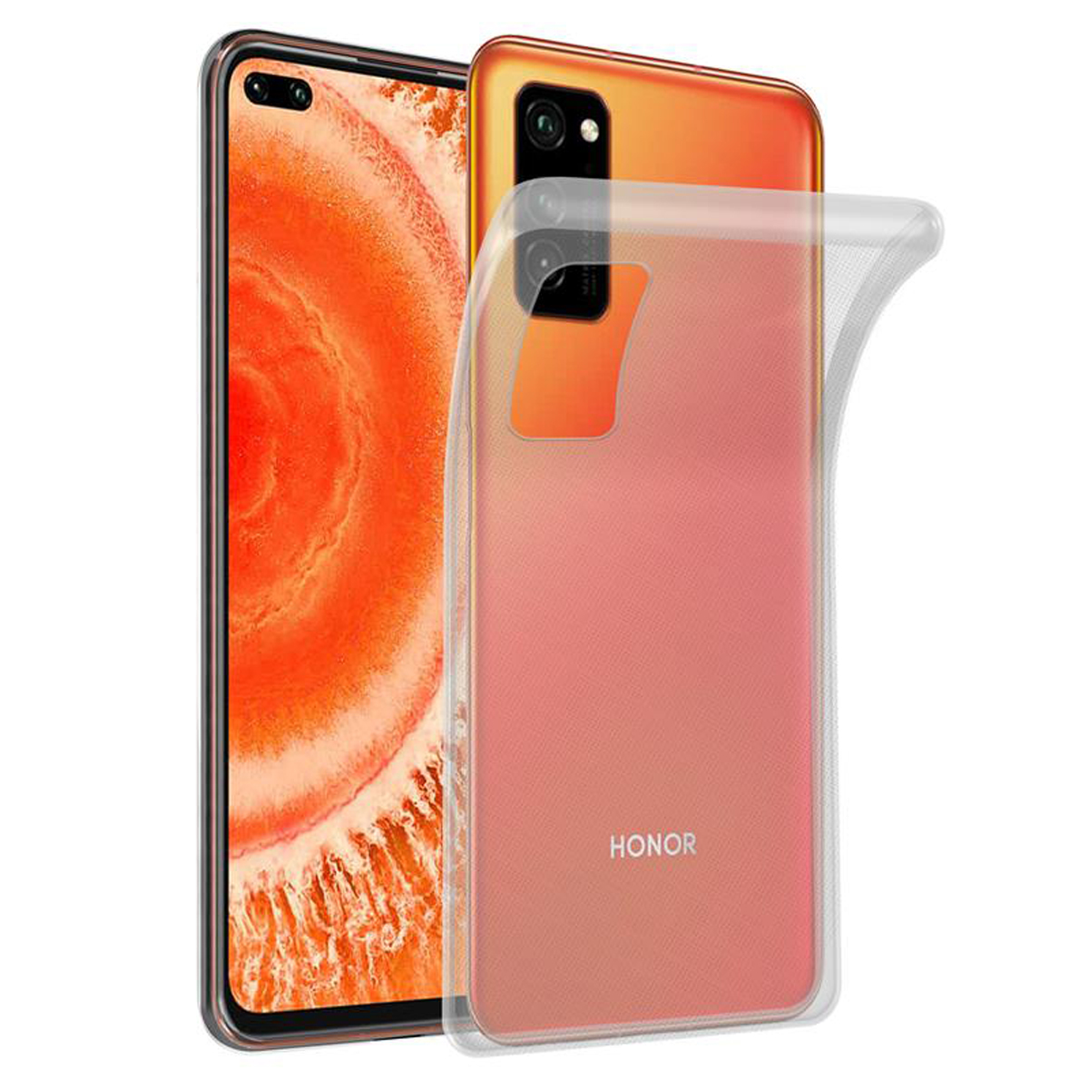 Ein Telefon mit einer transparenten Hülle. Das Telefon ist orange und rosa.