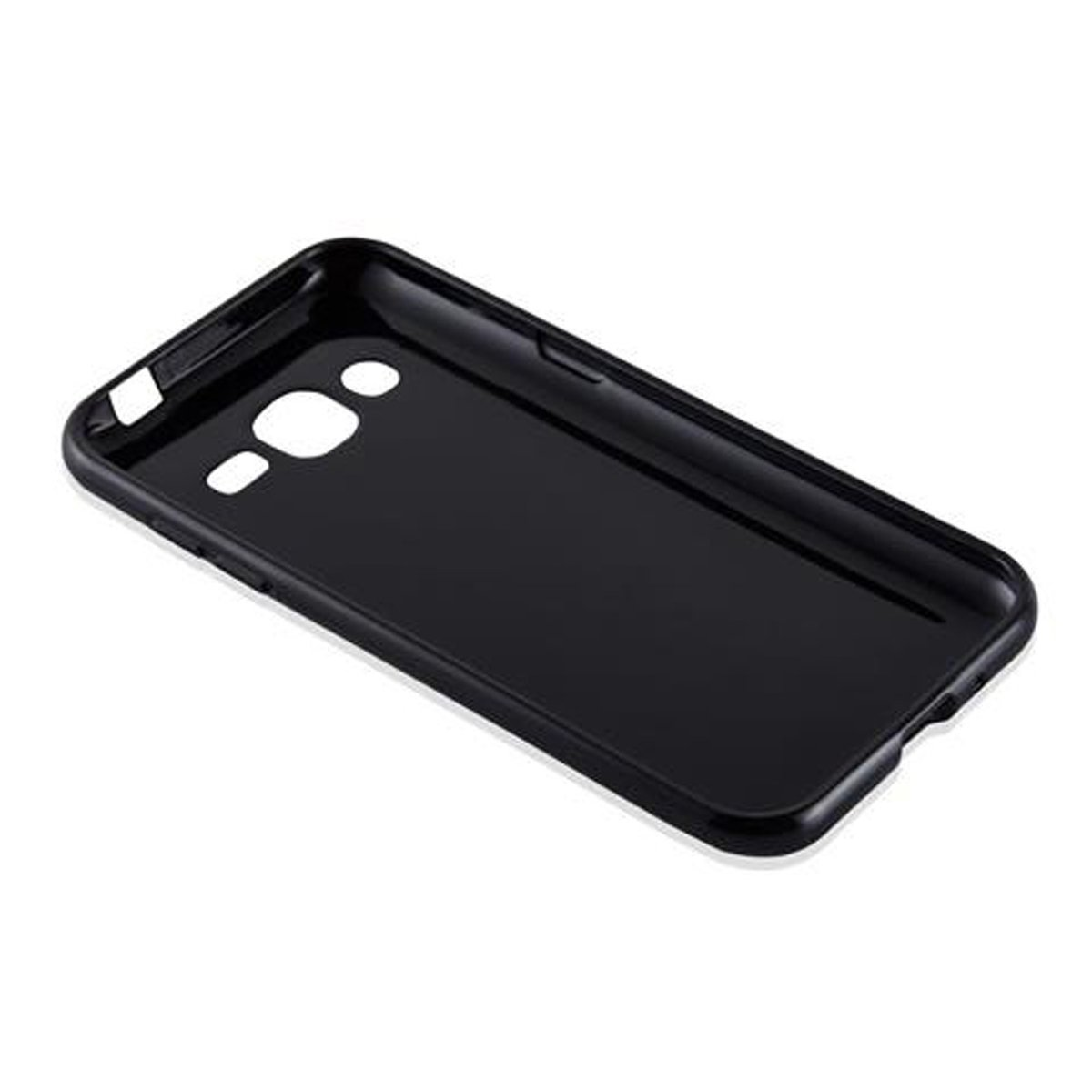 Una custodia nera per telefono, vista interna. La custodia ha un ritaglio per la fotocamera.