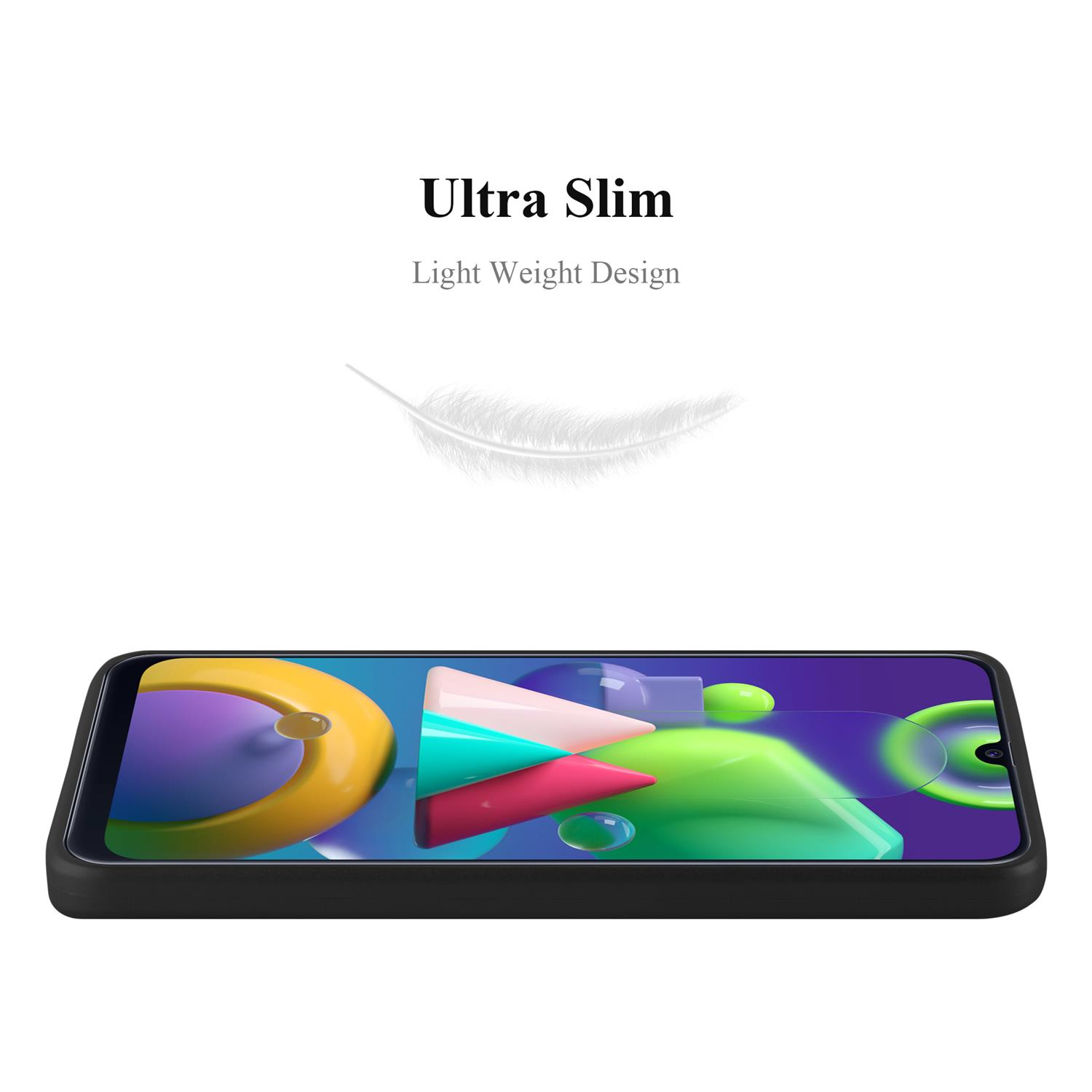 Ein Telefon in einer schwarzen Hülle aus niedrigem Winkel betrachtet, mit einer Federgrafik darüber.