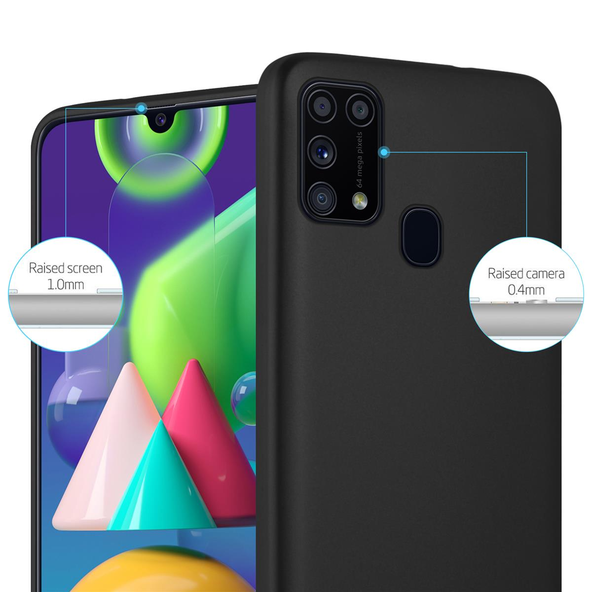 Schwarze Handyhülle mit einem Telefon darin. Markierungen zeigen Bildschirm- und Kamerahöhe.