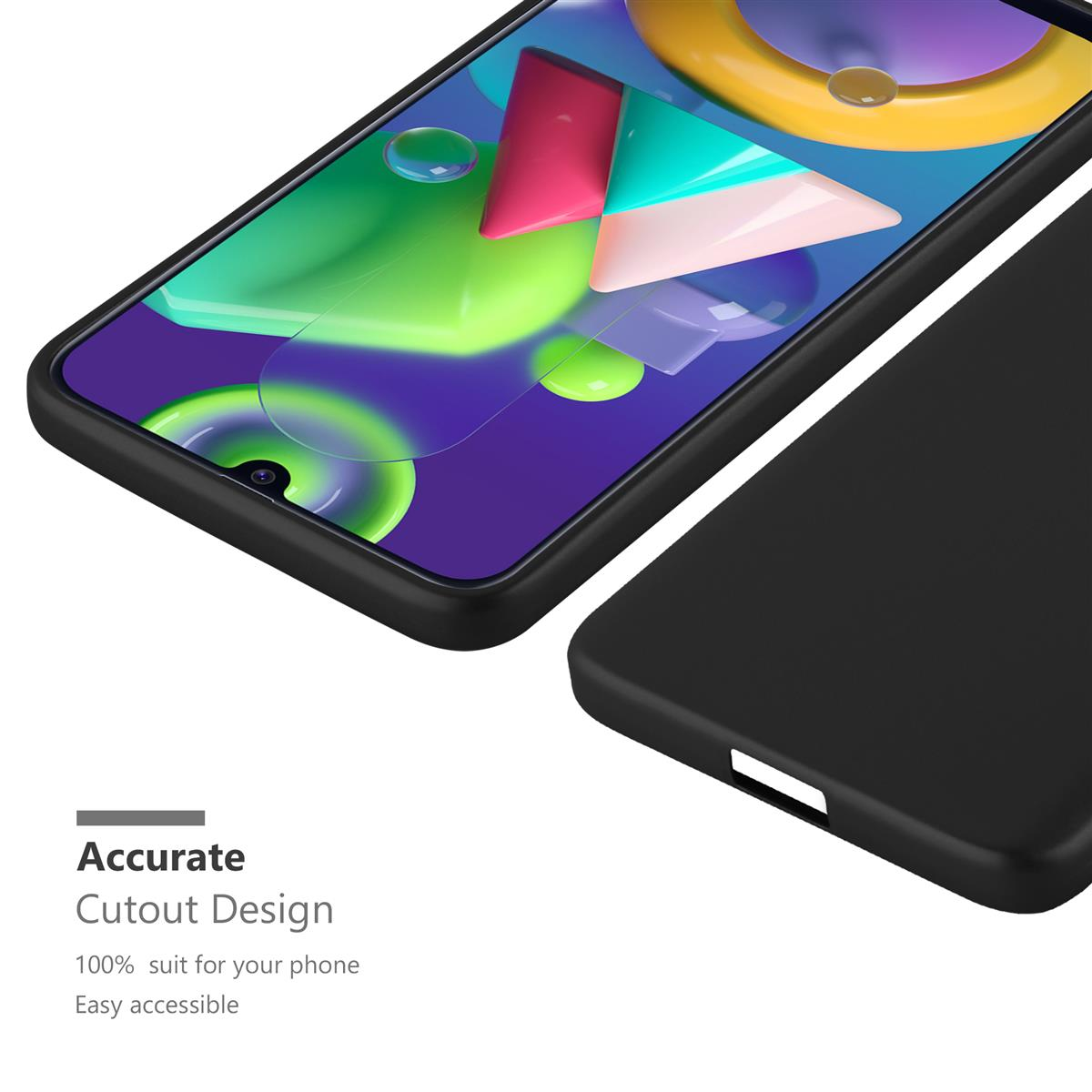 Telefonbildschirm mit farbenfrohem Bild. Text sagt Genaue Ausschnitt Design. Telefon ist schwarz. Das Gehäuse ist auch schwarz.