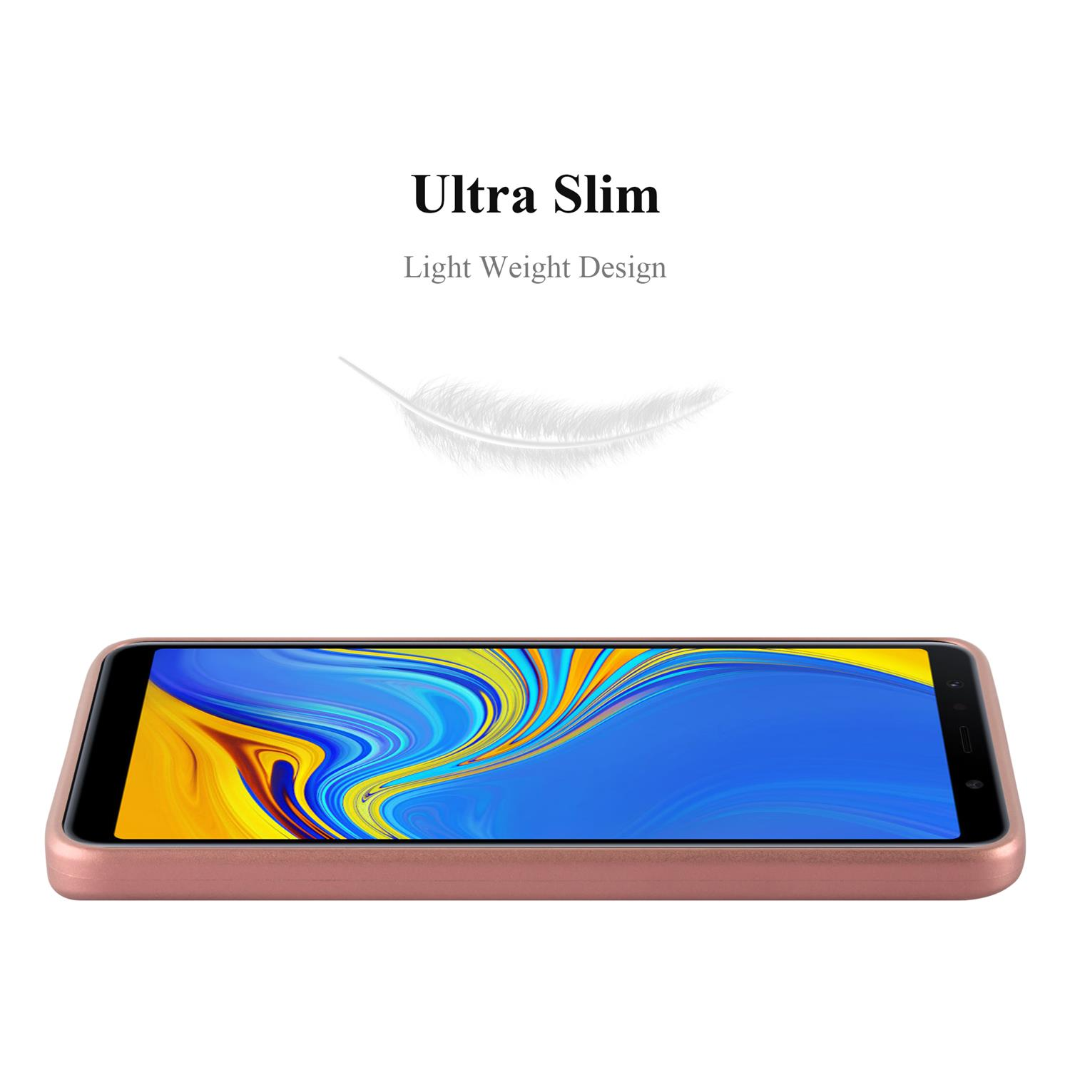 Ein roségoldenes Telefon auf der Seite mit blauem Bildschirm. Eine Federgrafik darüber.