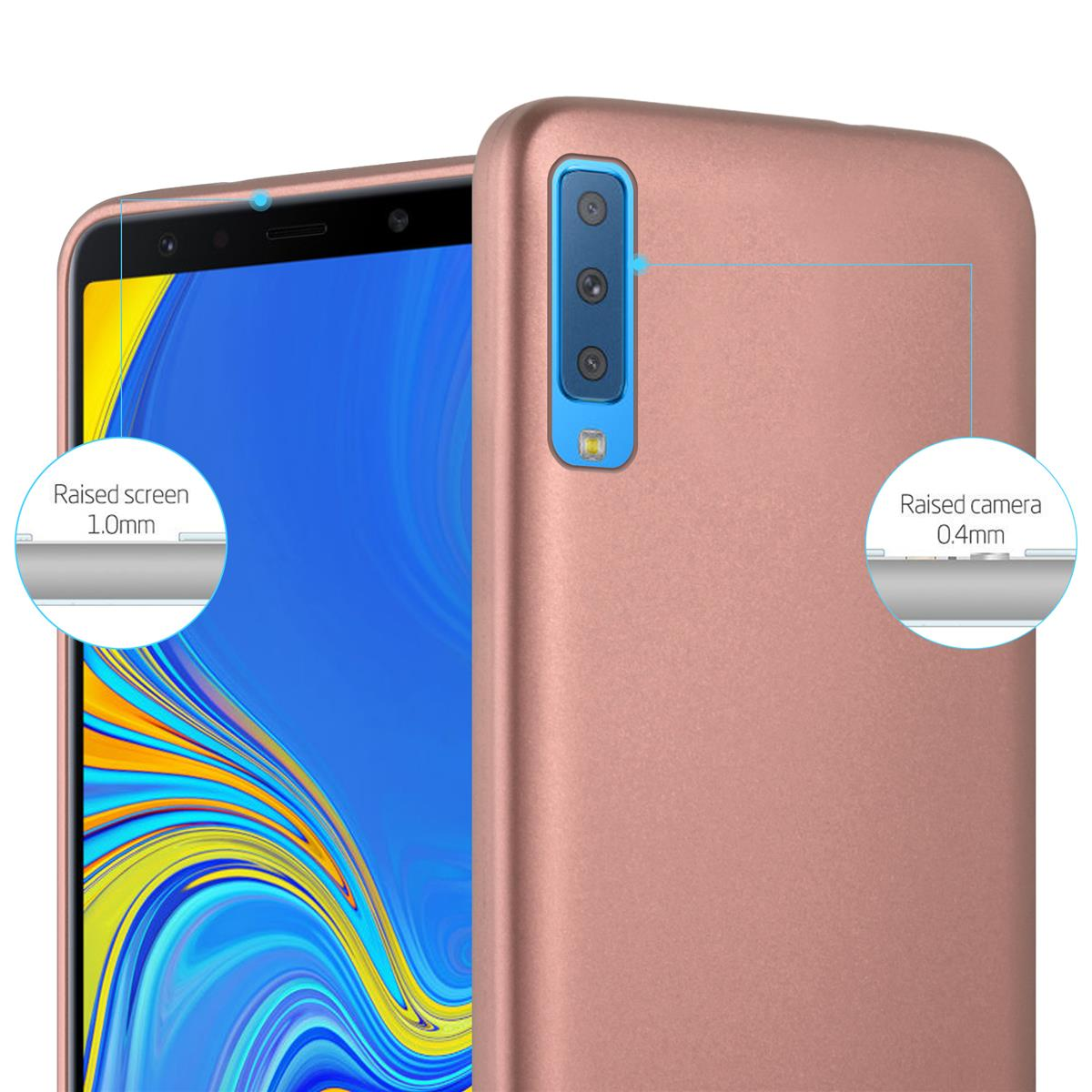 Ein rosa Telefon mit Bildschirm und Kameradetails. Das Gehäuse bedeckt das Telefon.