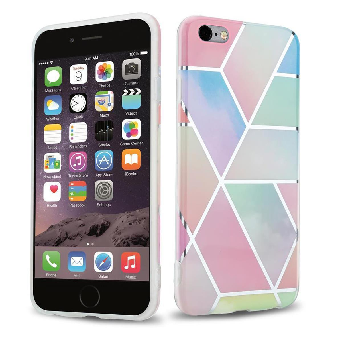 iPhone mit weißer Hülle und pastellfarbenem geometrischem Design. Der Bildschirm zeigt Apps.