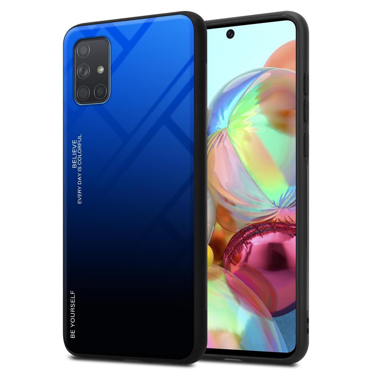 Custodia sfumata blu e nera con telefono. Parole visibili.