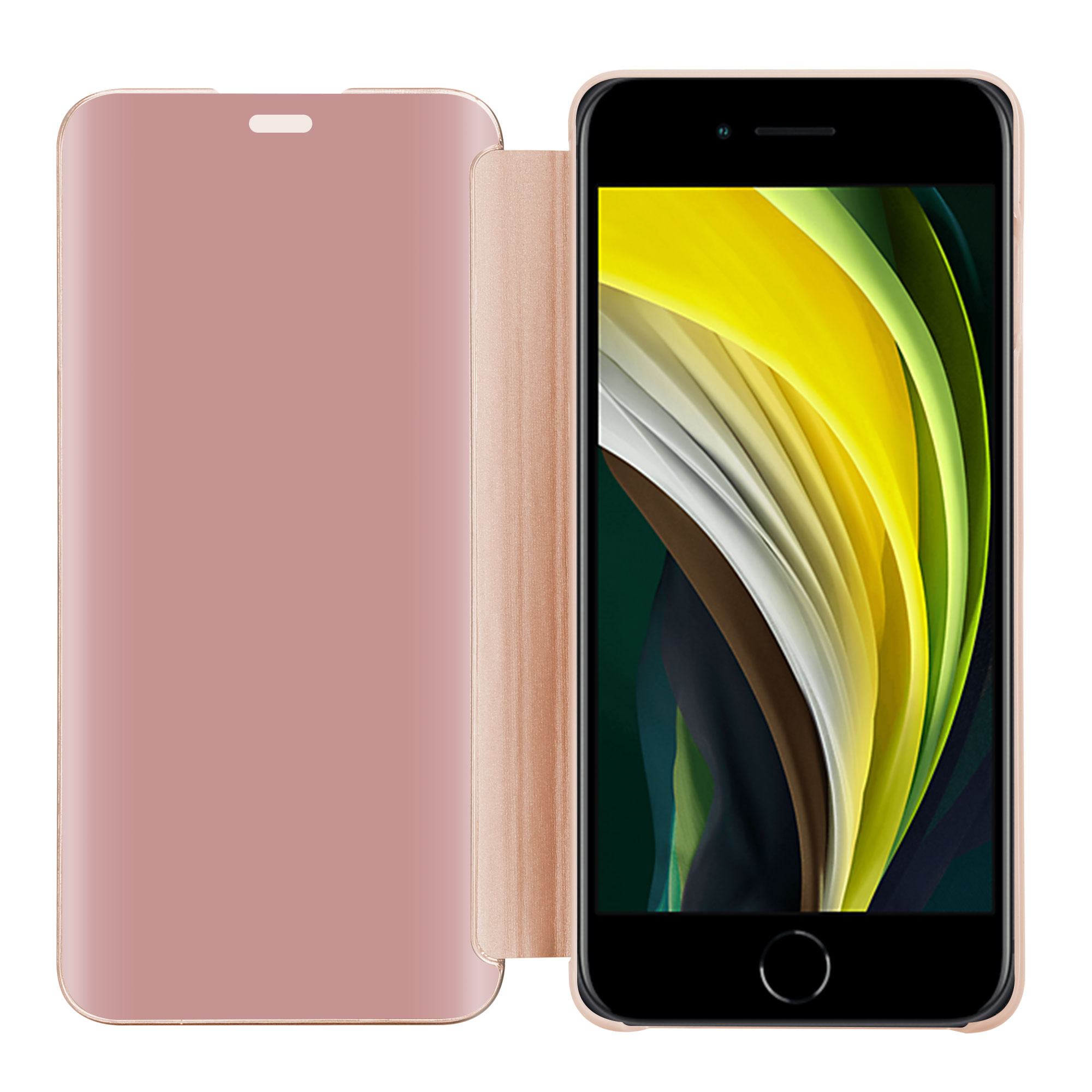Custodia oro rosa con schermo su iPhone nero.