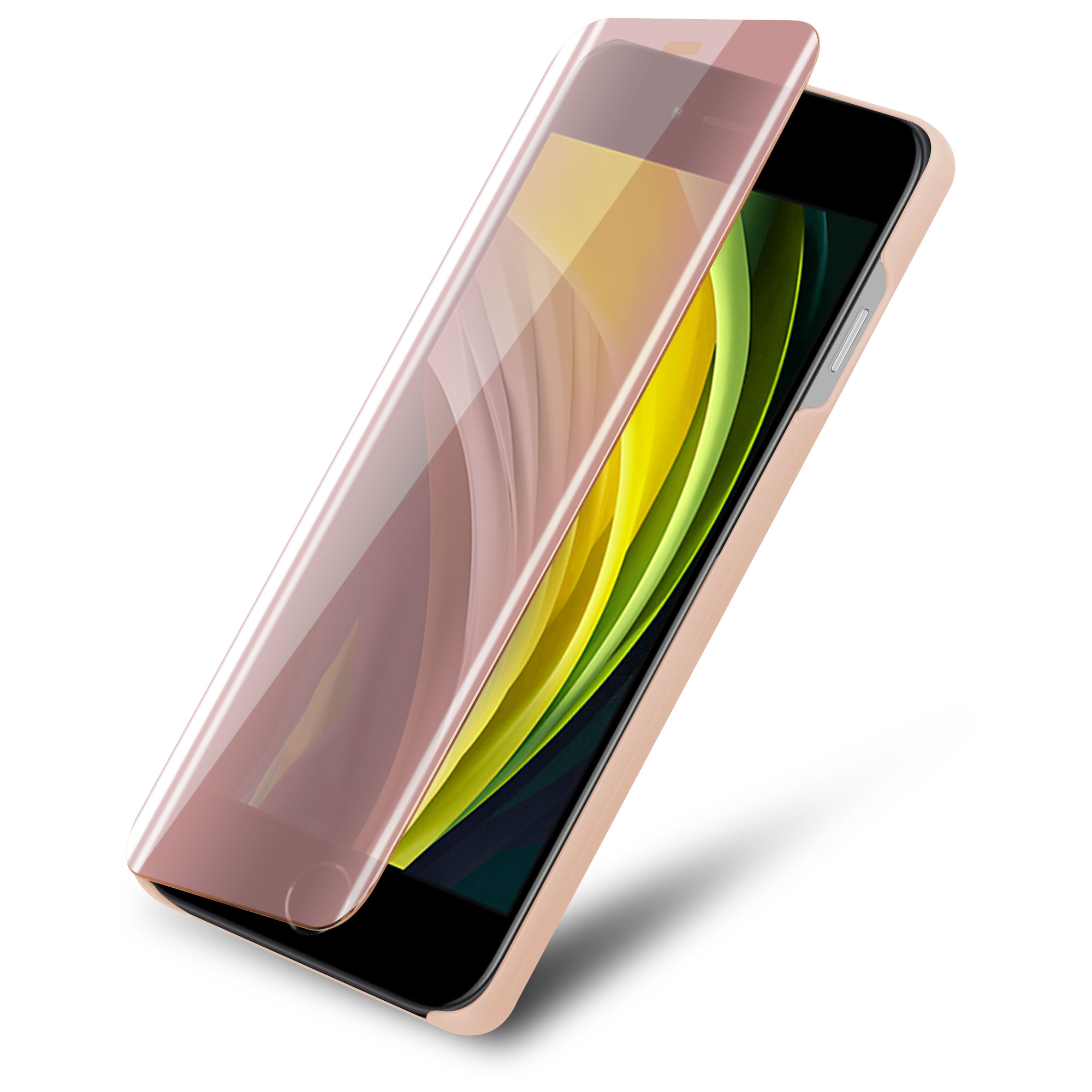 Telefono con cornice oro rosa con protezione schermo trasparente parzialmente aperta.