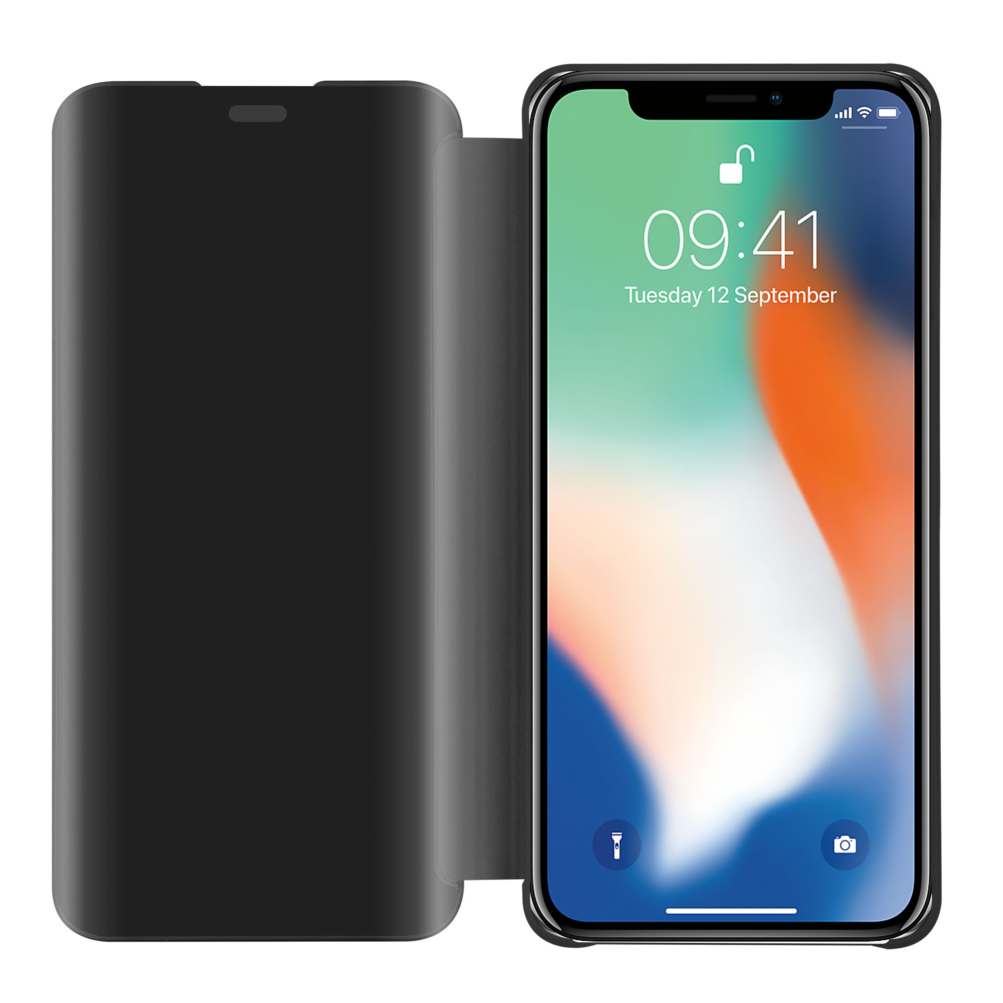 Custodia per telefono nera aperta. Telefono con schermo acceso. Sfondo bianco e verde.