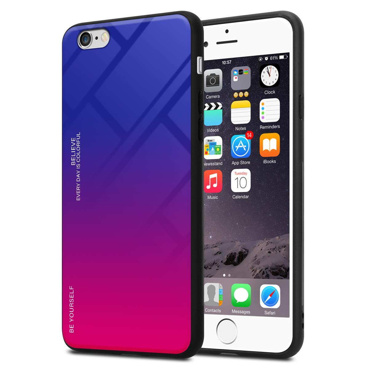 Funda de teléfono con degradado azul-morado. Teléfono visible a la derecha, con apps.