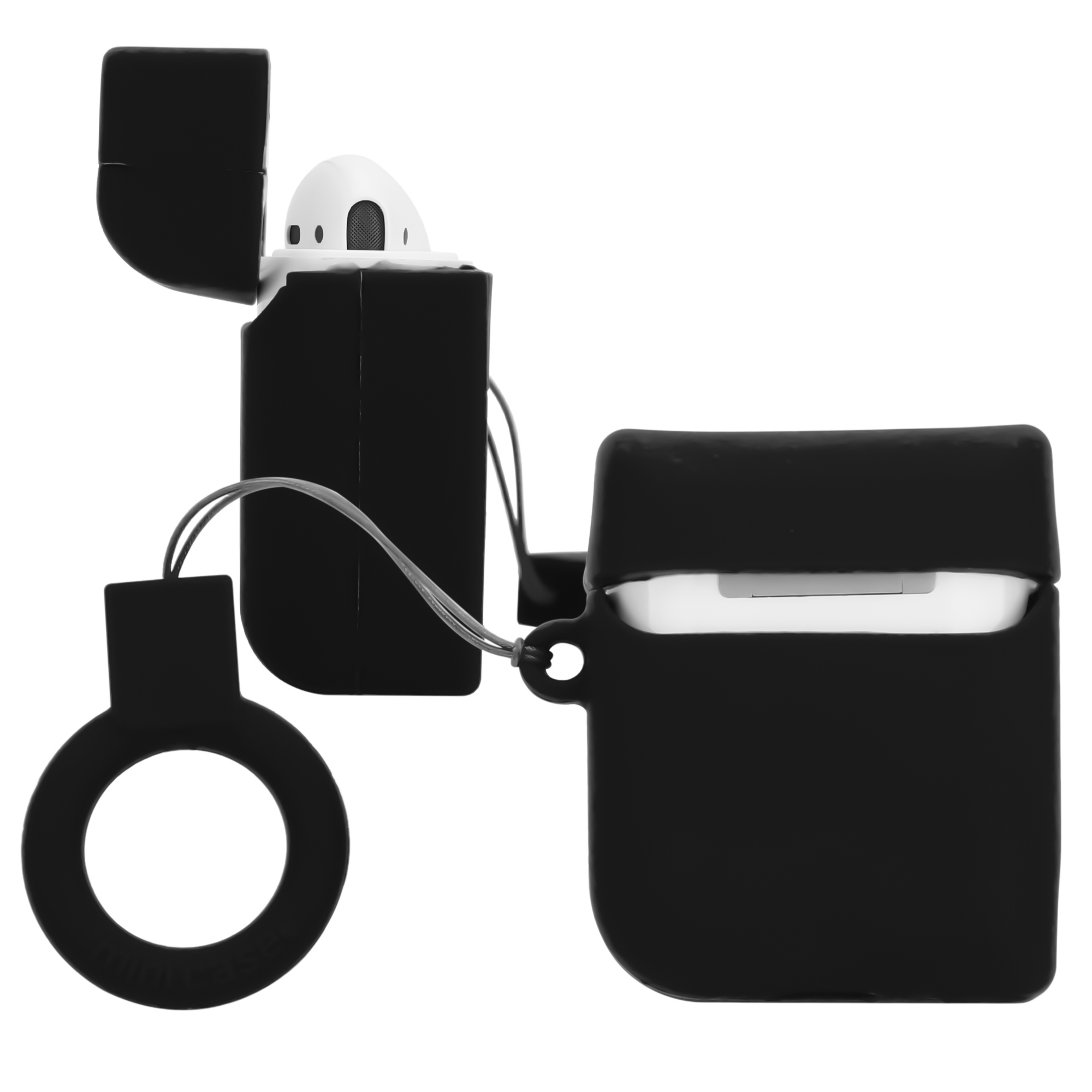 Schwarzes Etui für Ohrhörer, geformt wie ein Feuerzeug. Das Etui ist geöffnet und zeigt weiße Ohrhörer.