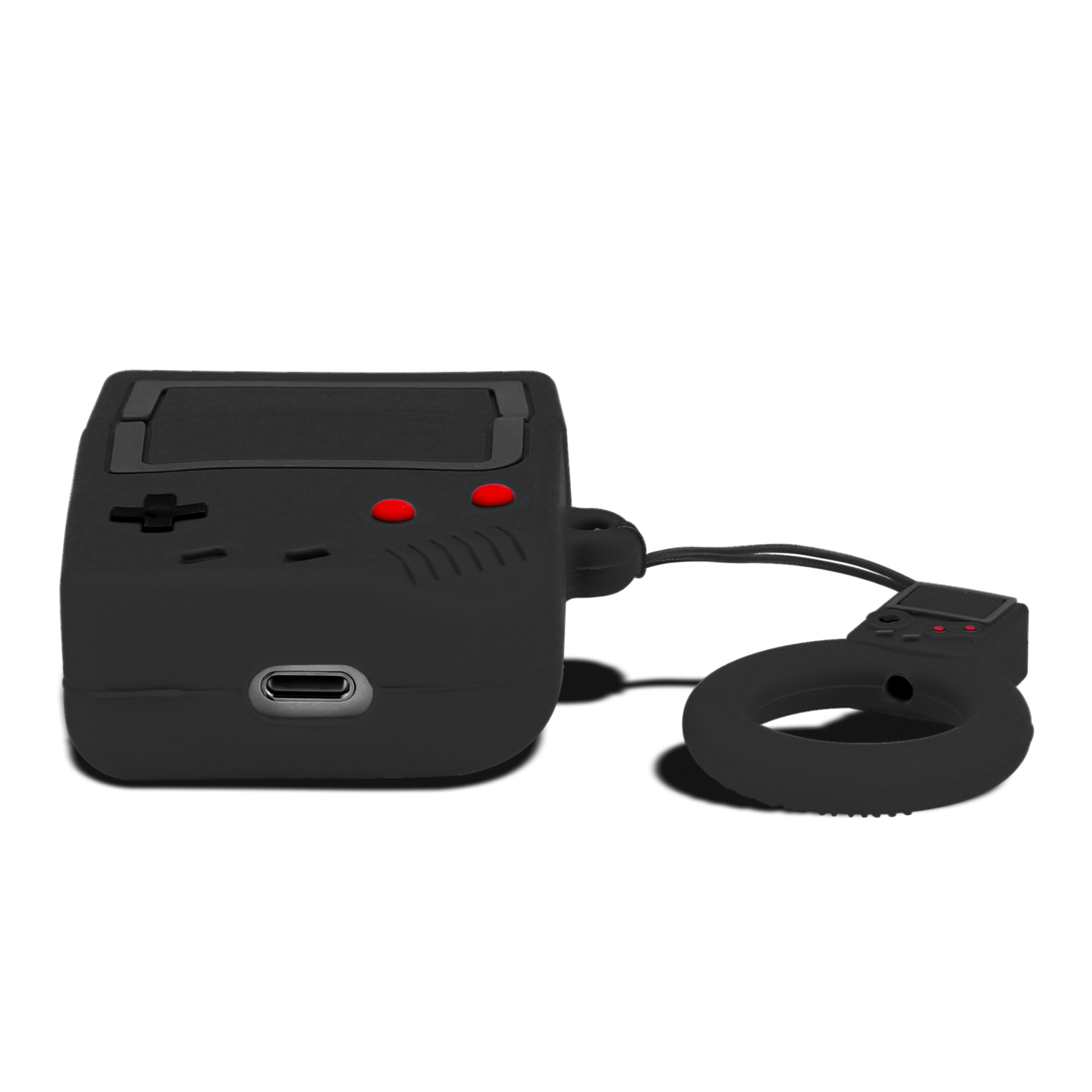 Schwarzes AirPod-Case in Form einer Spielkonsole mit roten Knöpfen und schwarzem Schlüsselband.