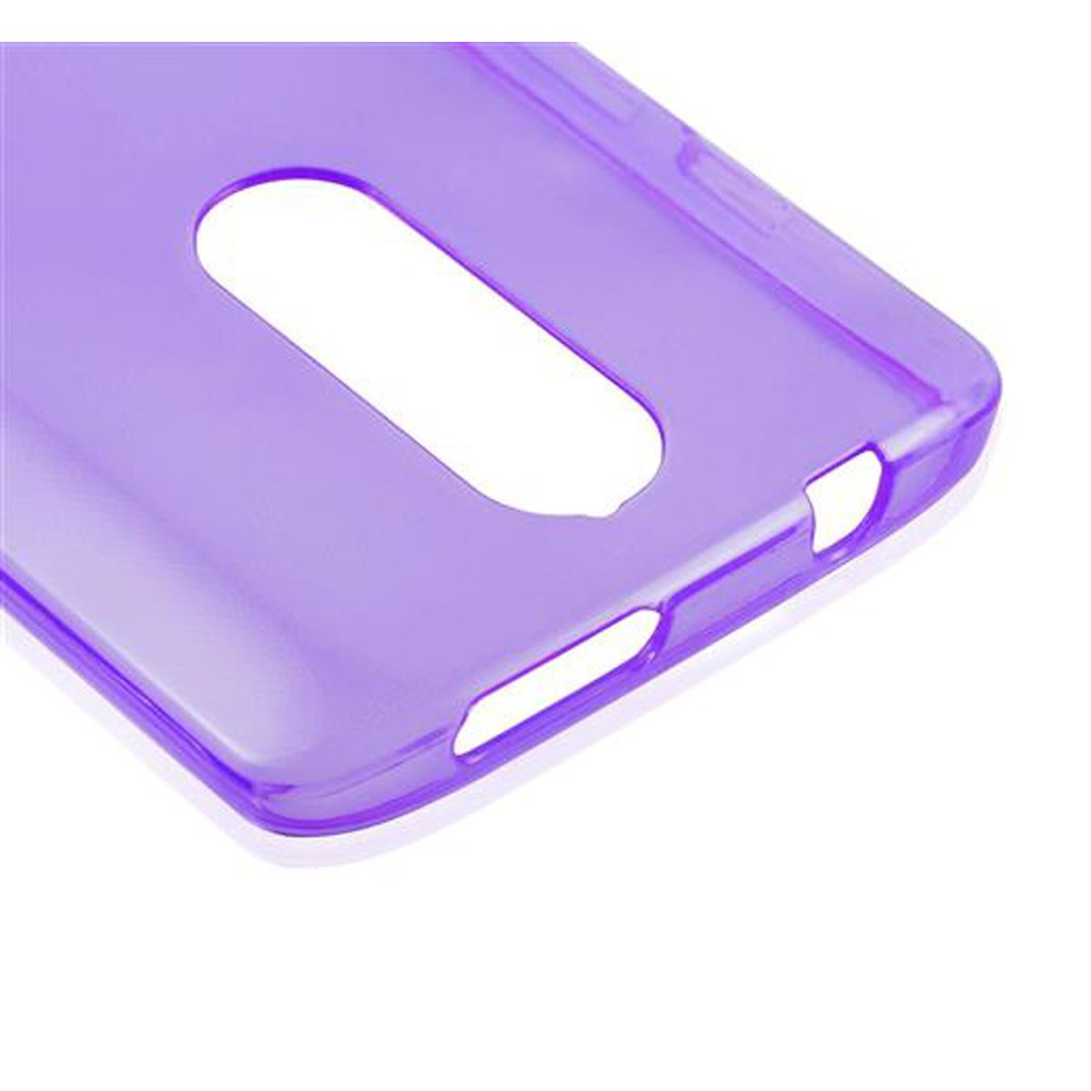 Primer plano de una funda de teléfono púrpura translúcida, que muestra recortes para la cámara y otras funciones.