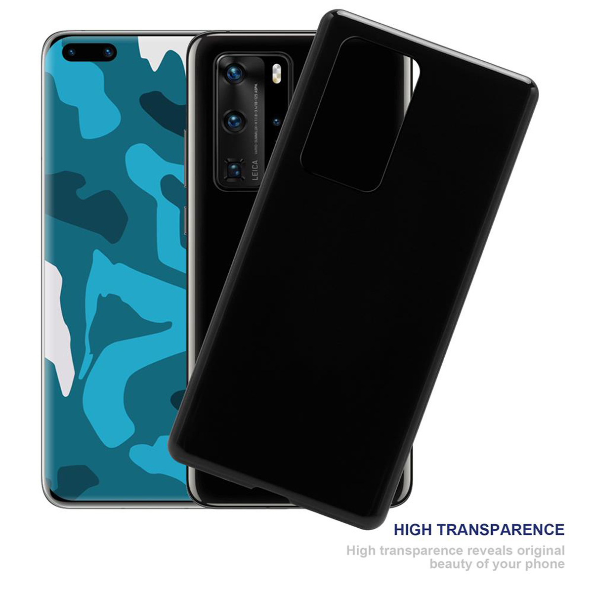 Tre telefoni con custodie. Uno a sinistra con motivo blu, uno al centro e una custodia a destra.