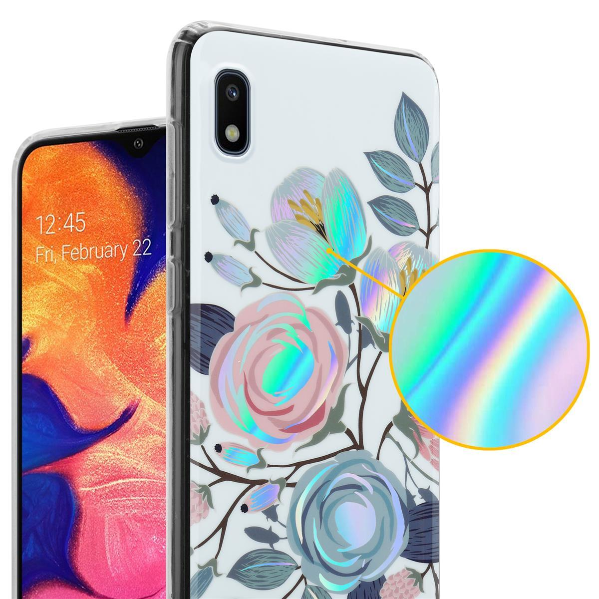 Custodia per telefono con design floreale. Un telefono è accanto che mostra l'ora. Un dettaglio circolare è evidenziato.