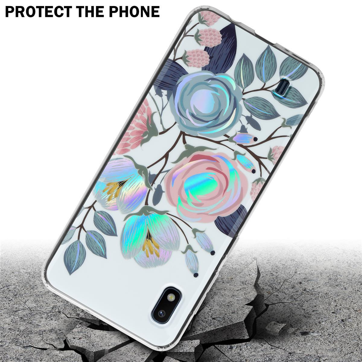 Custodia trasparente con design floreale su una superficie incrinata, testo 'Protect the phone'.