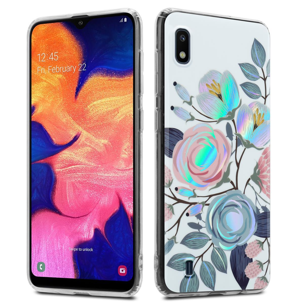 Due telefoni fianco a fianco. Uno mostra l'ora e lo schermo con un cielo blu, l'altro ha un design floreale su bianco.