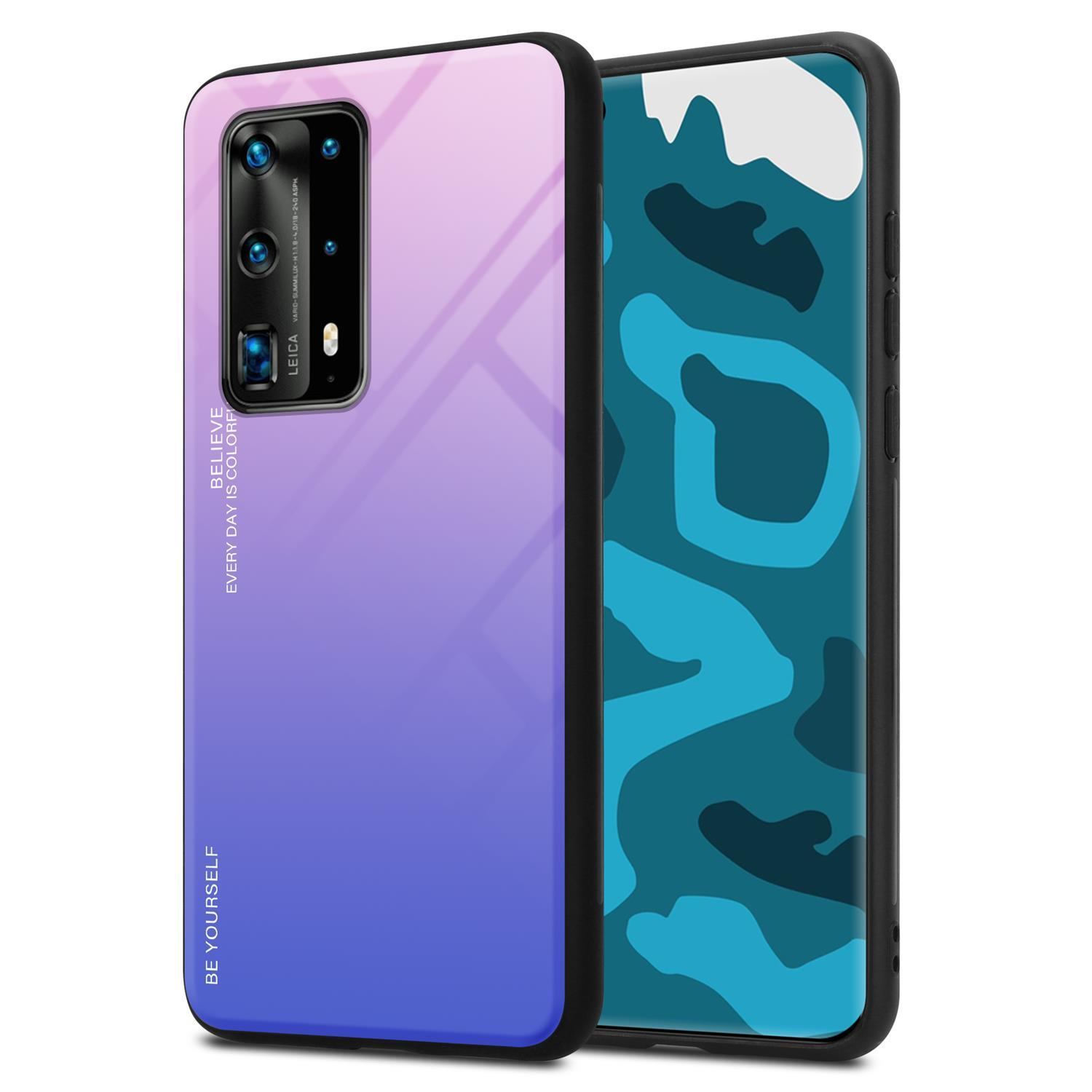 Un telefono con una cover posteriore sfumata viola/blu e una cornice nera.