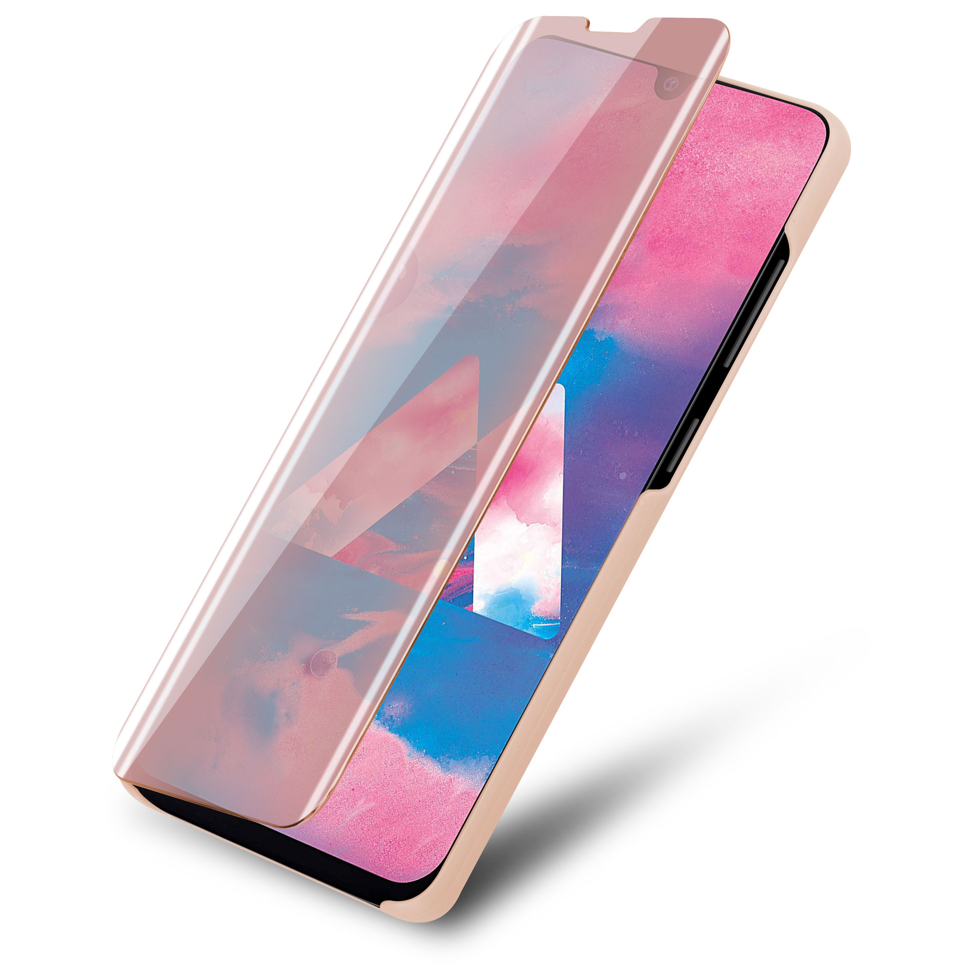 Telefon in einer Hülle mit Displayschutz. Text: Präzises Cutout-Design. Telefon ist goldfarben.