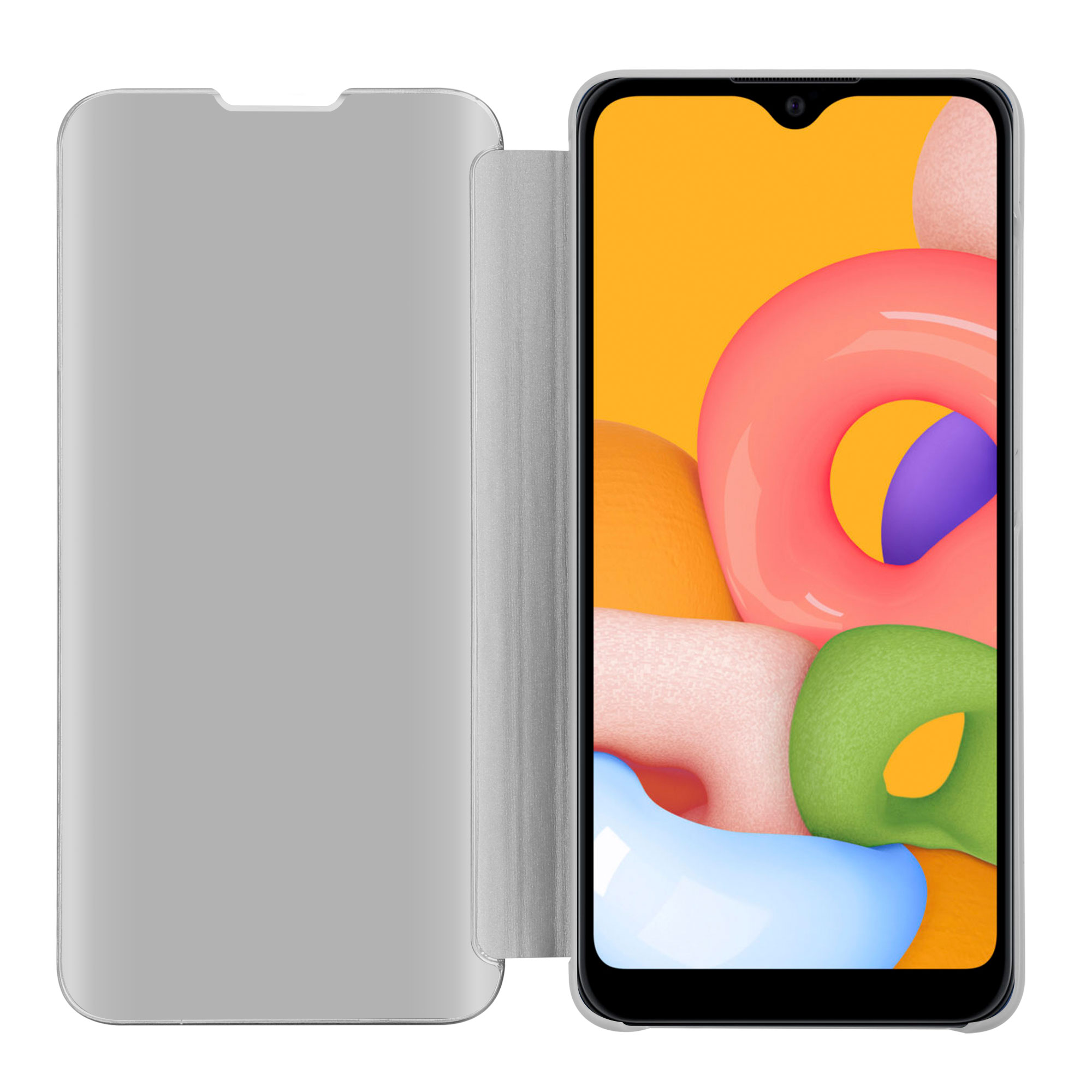 Telefon mit Hülle. Das Telefon ist rechts, und die Hülle bedeckt die linke Seite.
