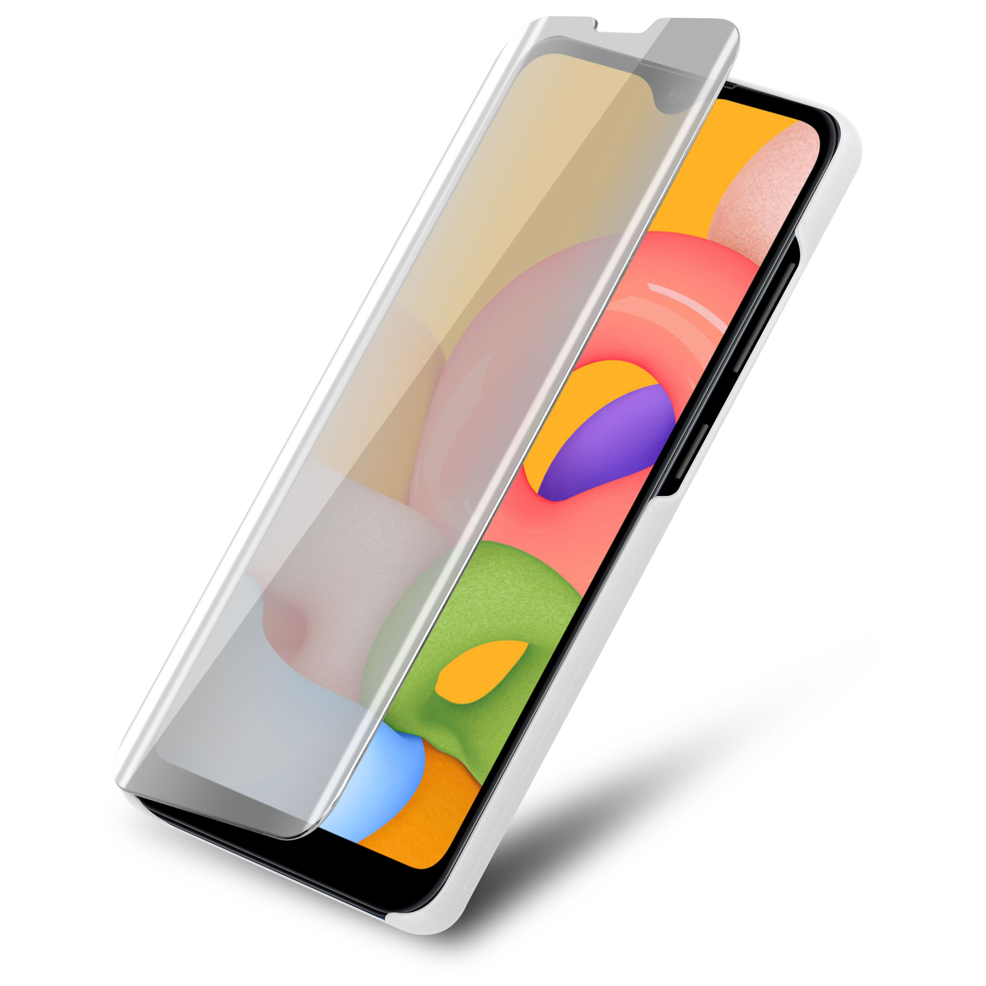 Ein weißes Telefon mit einer abziehbaren Displayschutzfolie, die ein farbenfrohes Bildschirmdesign enthüllt.