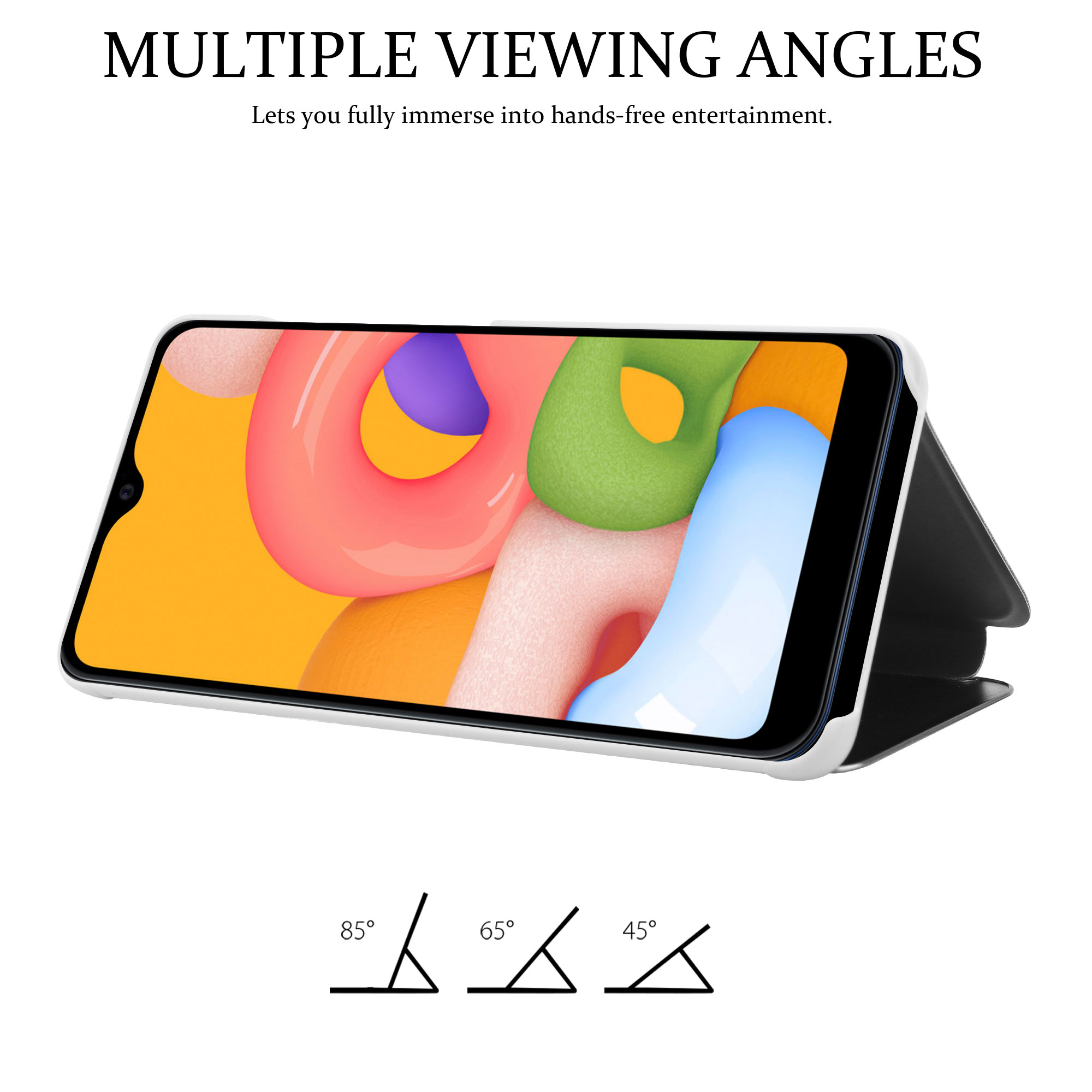 Telefon in einer Hülle, die mehrere Betrachtungswinkel mit Diagrammen zeigt.