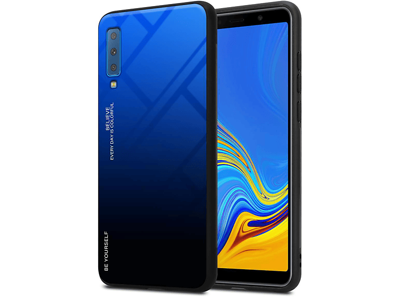 CADORABO Hülle aus TPU Silikon 2 Farben Glas, Backcover, Samsung, Galaxy A7 2018, BLAU - SCHWARZ