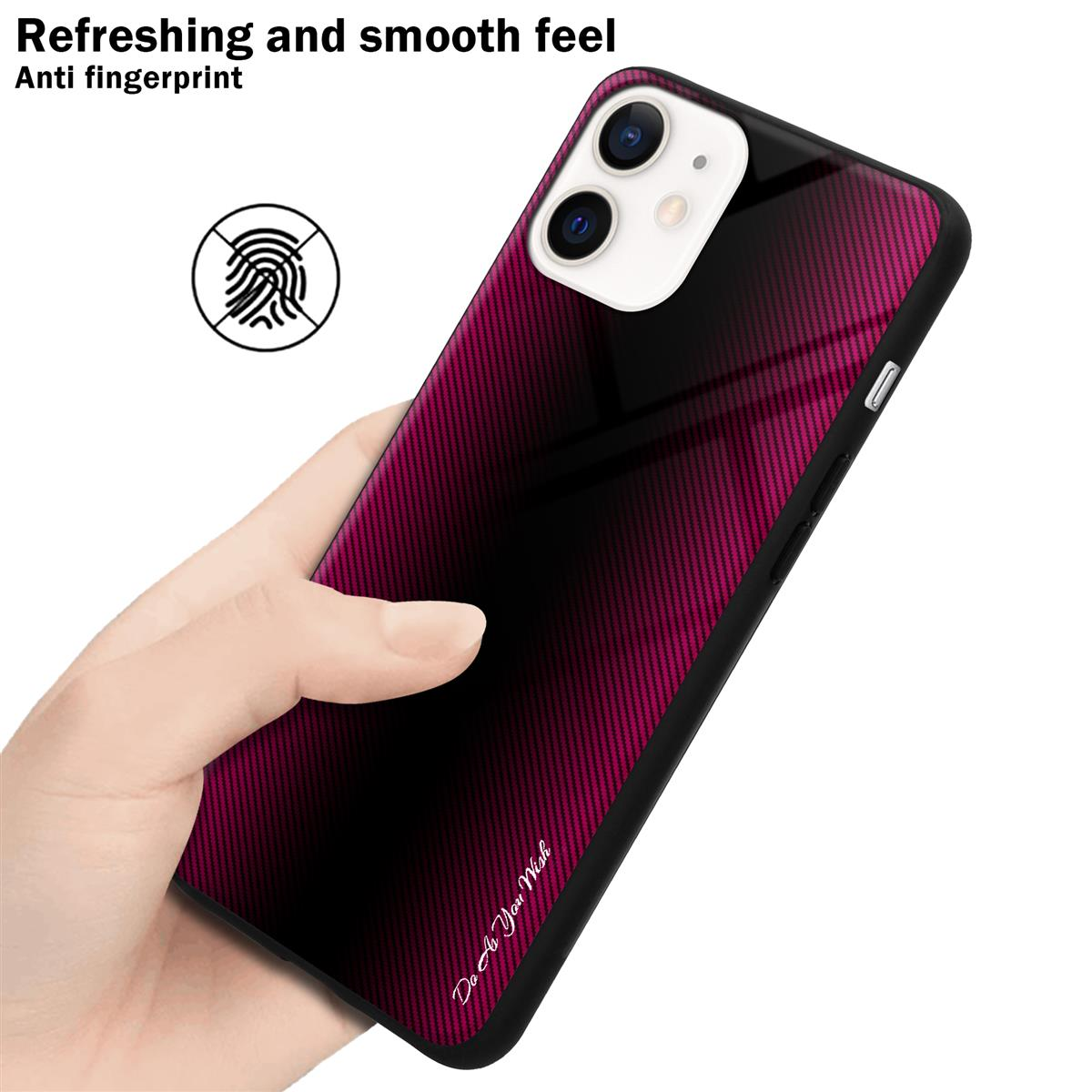 Mano che tiene un telefono con una custodia sfumata rossa e nera, con icona dell'impronta digitale.