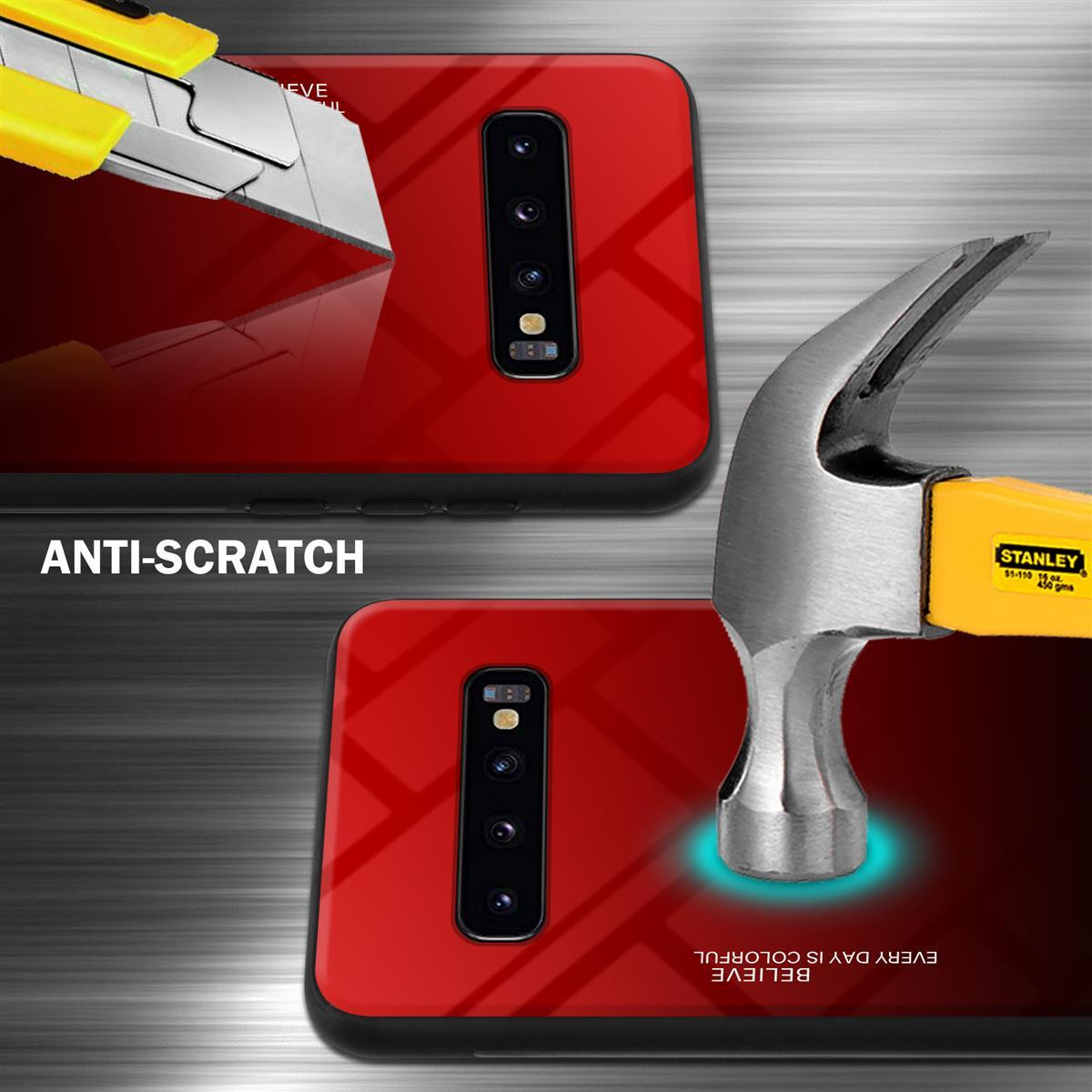 Custodie per telefono graffiate da taglierino e martello. Testi 'ANTI-SCRATCH' e 'BELIEVE' visibili.