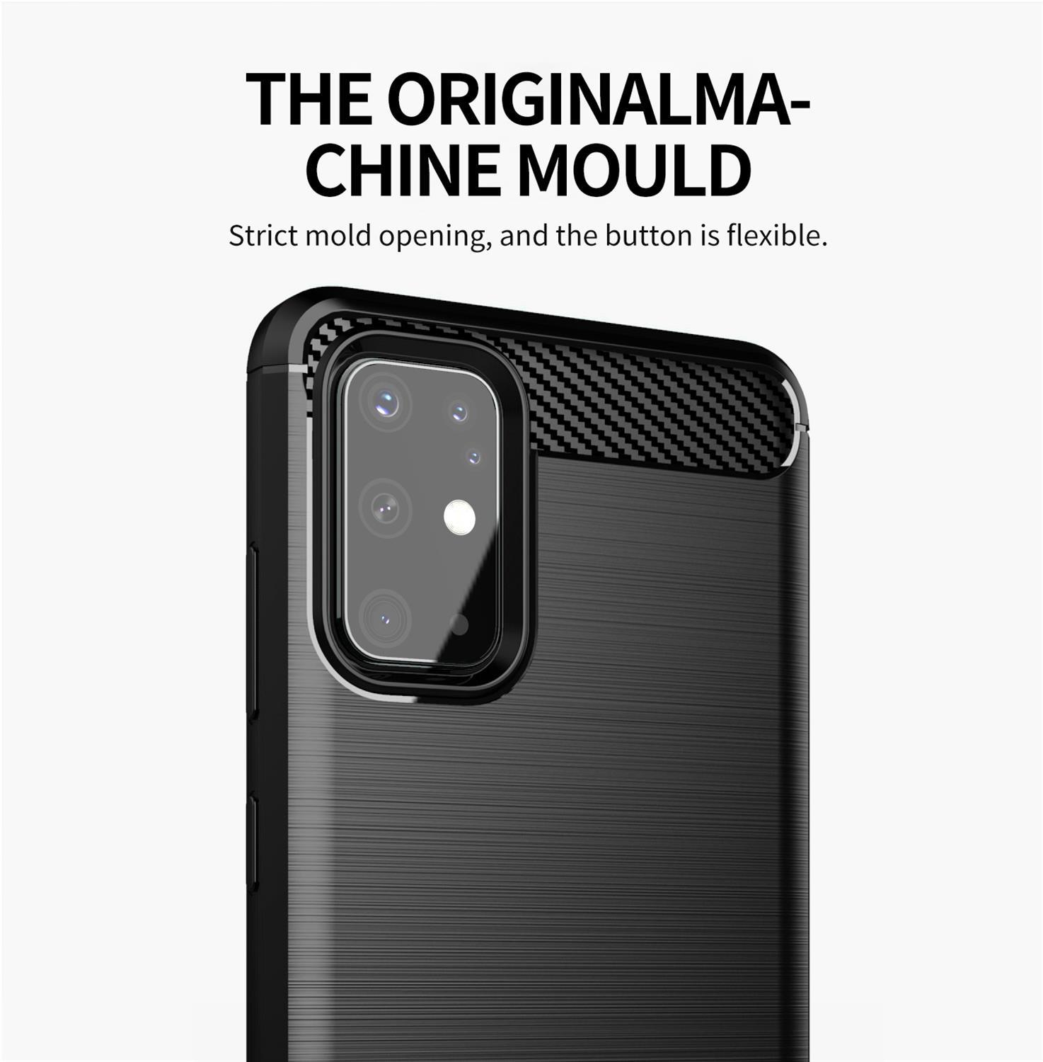 Primo piano di una custodia nera per telefono con sporgenza per la fotocamera. Il testo recita: The Original Machine Mould.
