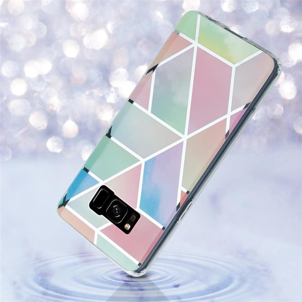 Custodia per telefono con un motivo geometrico colorato, con uno sfondo sfocato simile all'acqua.