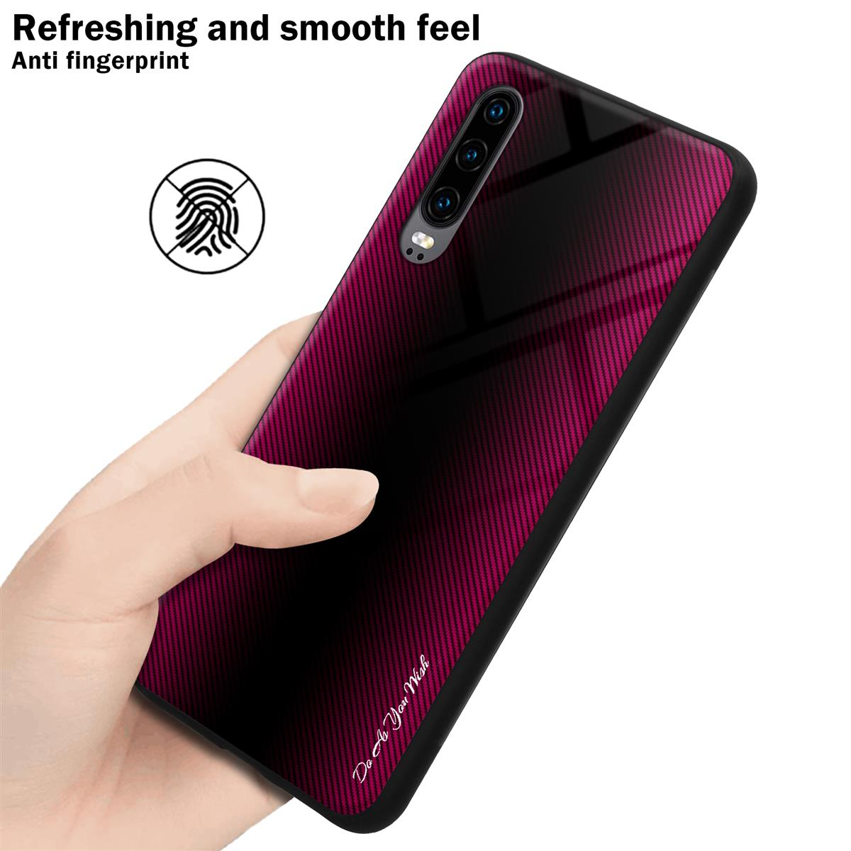 Una mano che tiene un telefono con una custodia rosso scuro. La custodia ha un'icona di impronta digitale.