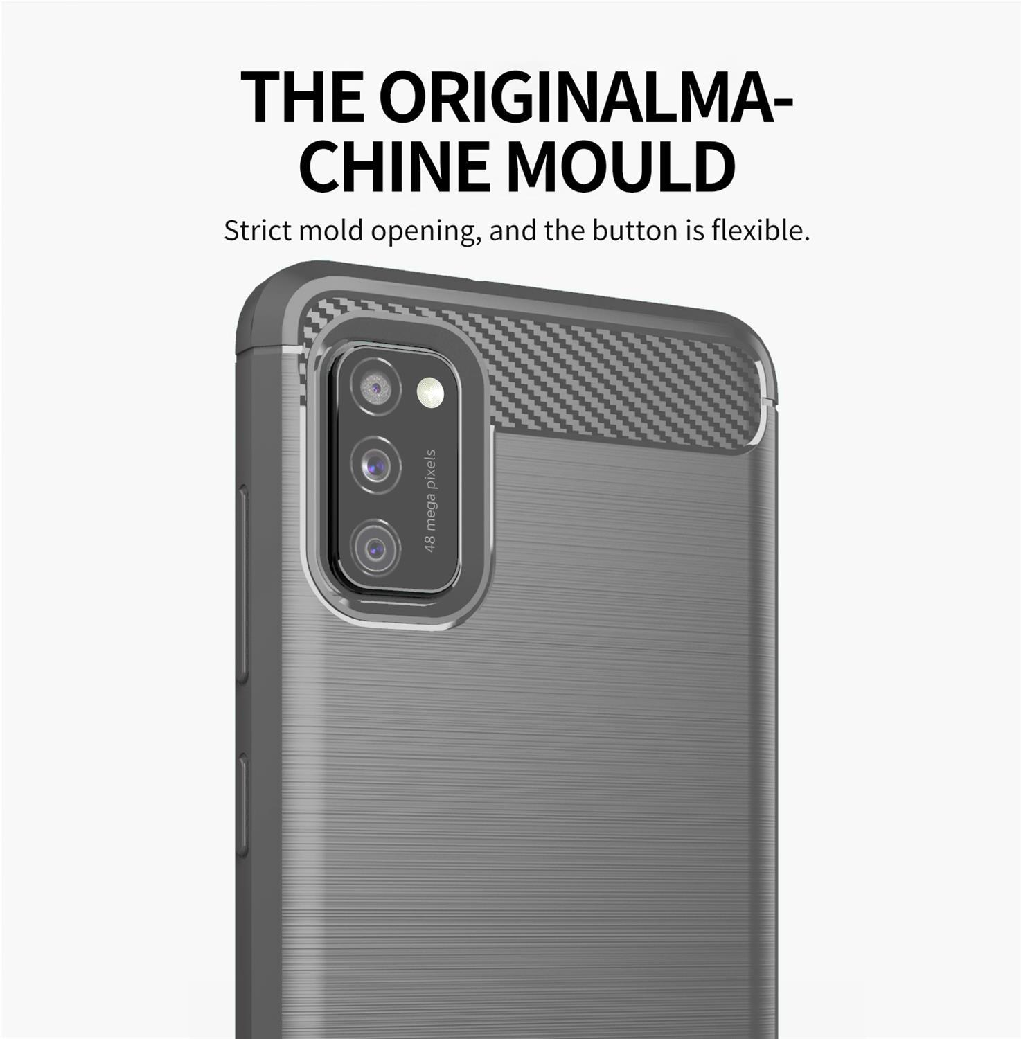 Primo piano di una custodia per telefono su un telefono. La custodia è grigia con una parte superiore strutturata e apertura per la fotocamera.