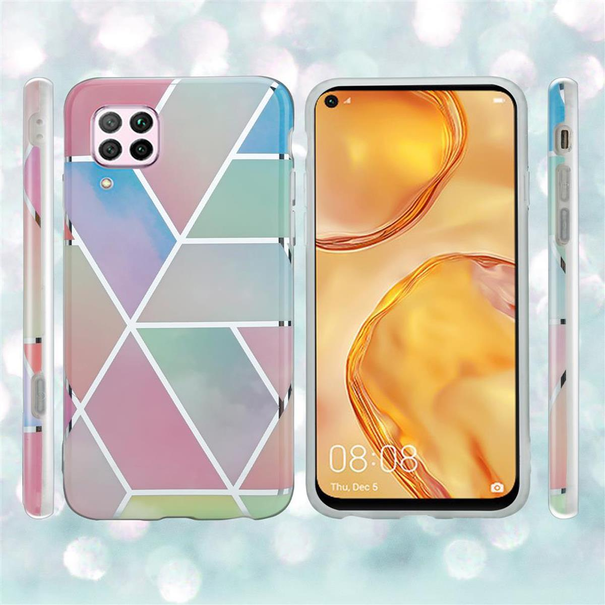 Telefono e custodia, design geometrico colorato con sfumatura e contorno bianco.