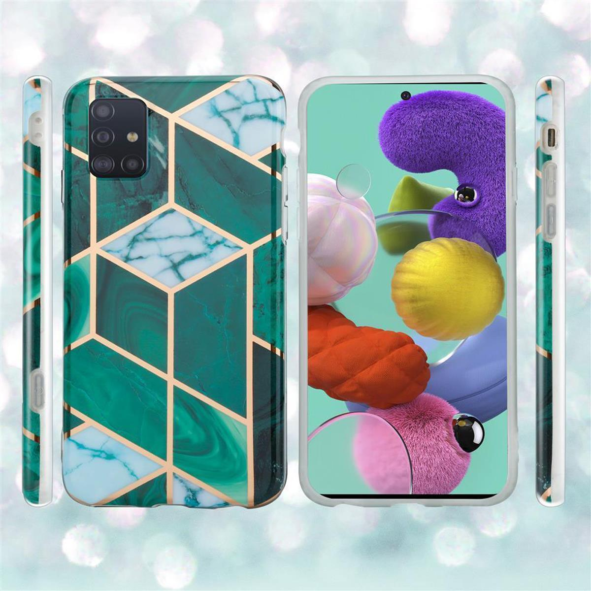 Custodie per telefono con motivo geometrico a marmo verde e oro su sfondo bianco.