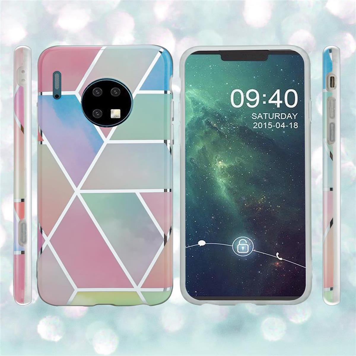 Custodia per telefono con motivo geometrico colorato e telefono che mostra la schermata iniziale.