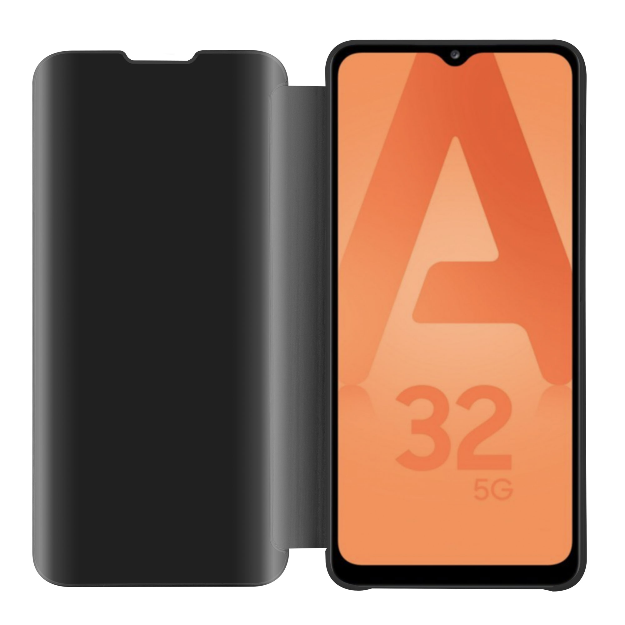 Custodia per telefono nera aperta, che mostra schermo arancione con testo '32 5G'.