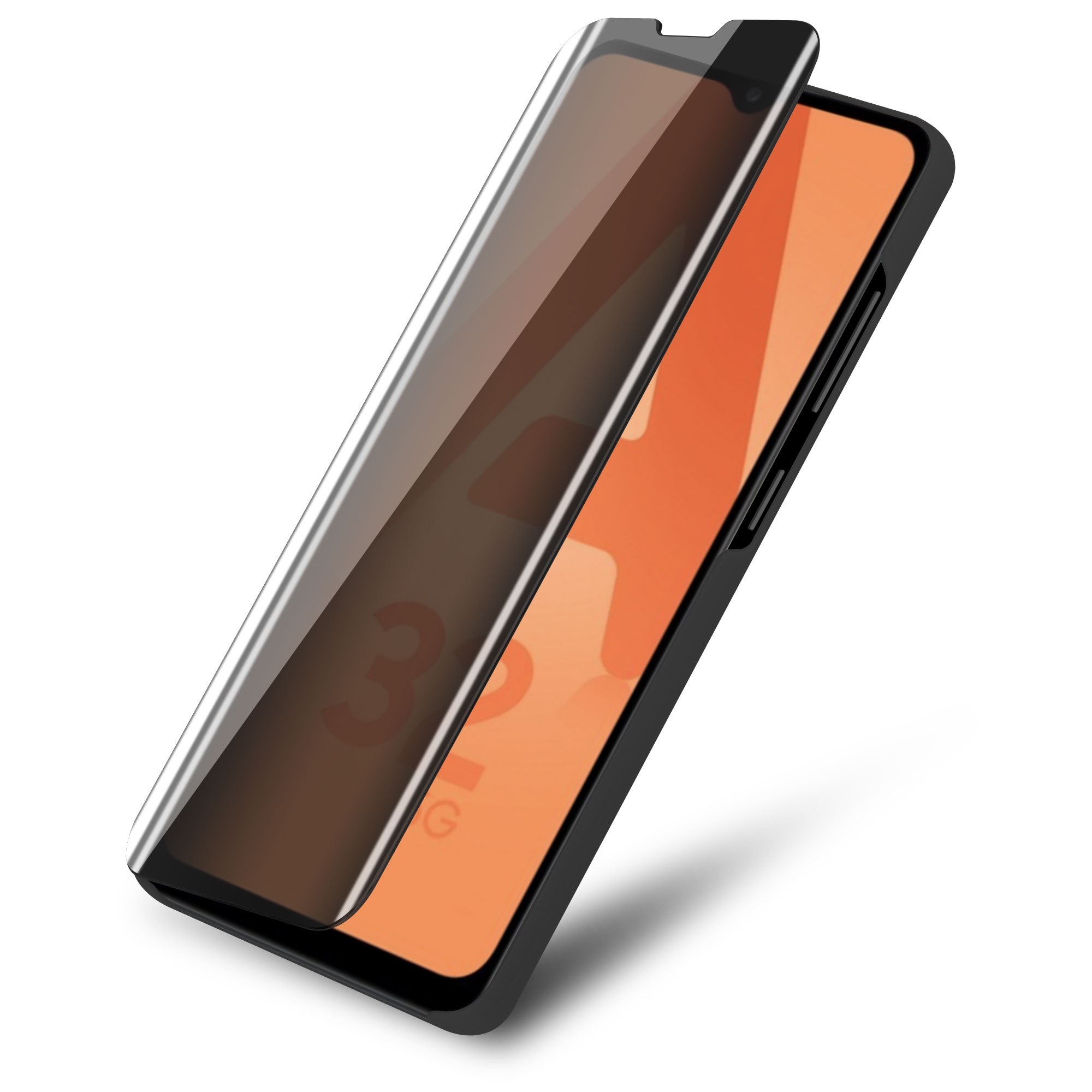 Telefono con protezione schermo. Lo schermo viene rimosso per mostrare lo schermo del telefono.