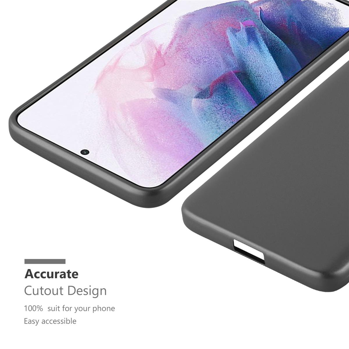 Eine graue Handyhülle mit präzisem Ausschnittdesign, auf weißem Hintergrund.