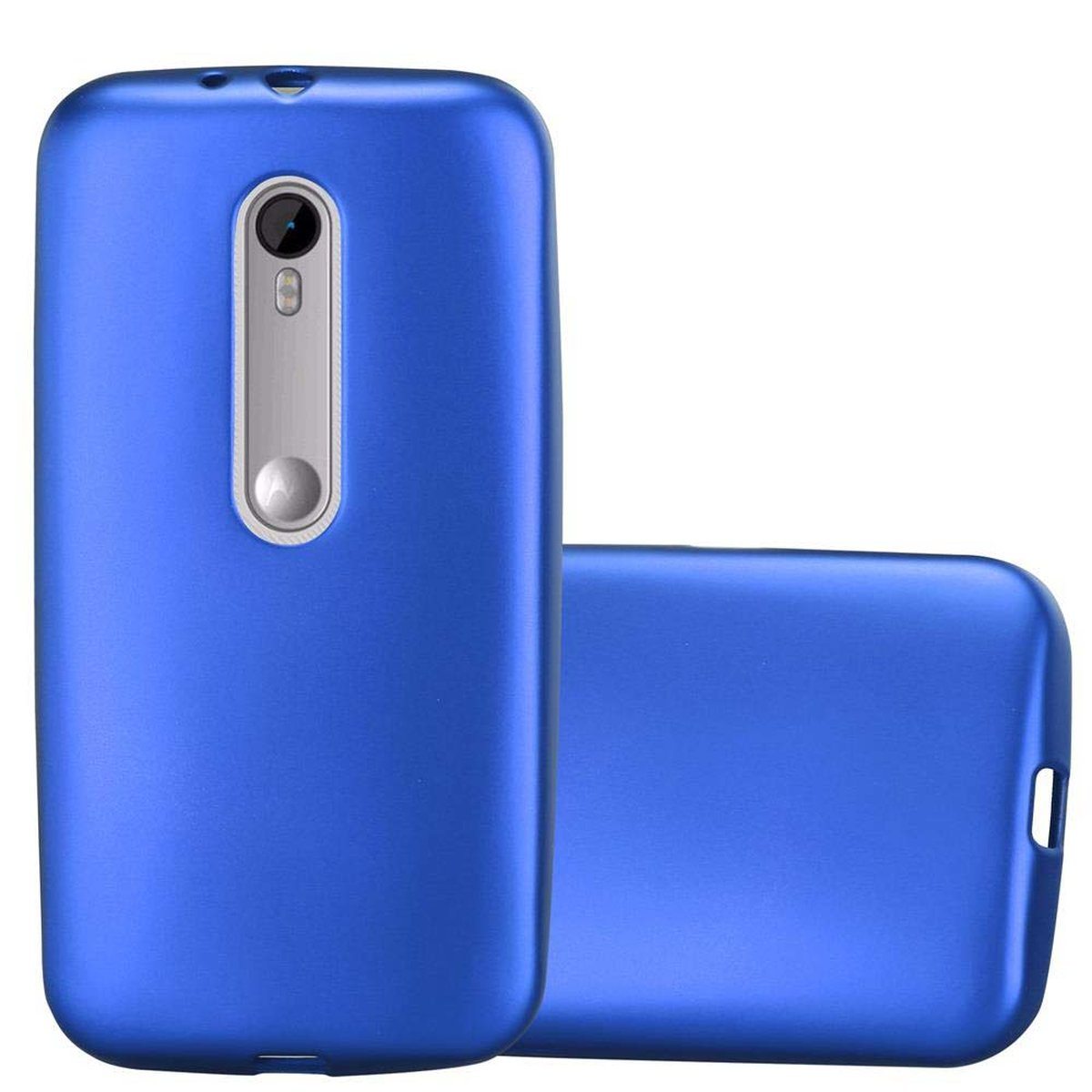 Dos fundas azules para teléfono. Una en primer plano, otra en segundo plano.