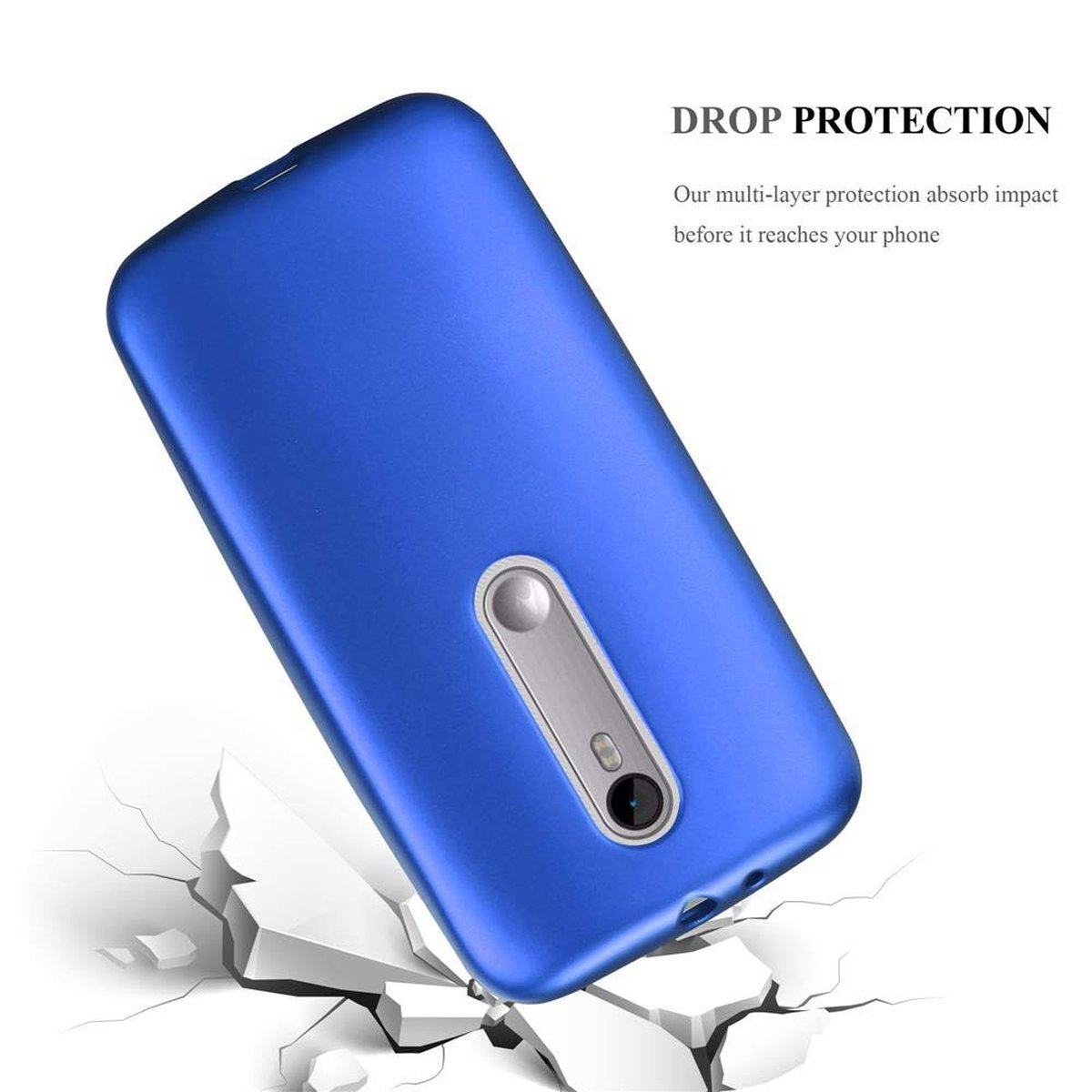 Funda azul sobre suelo agrietado. Texto protección caída y recorte para cámara.