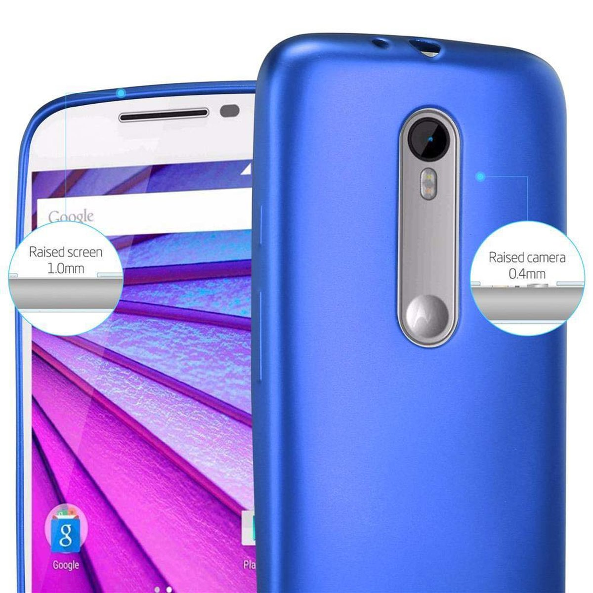 Un teléfono azul con pantalla y cámara elevadas, cerca de una funda azul.