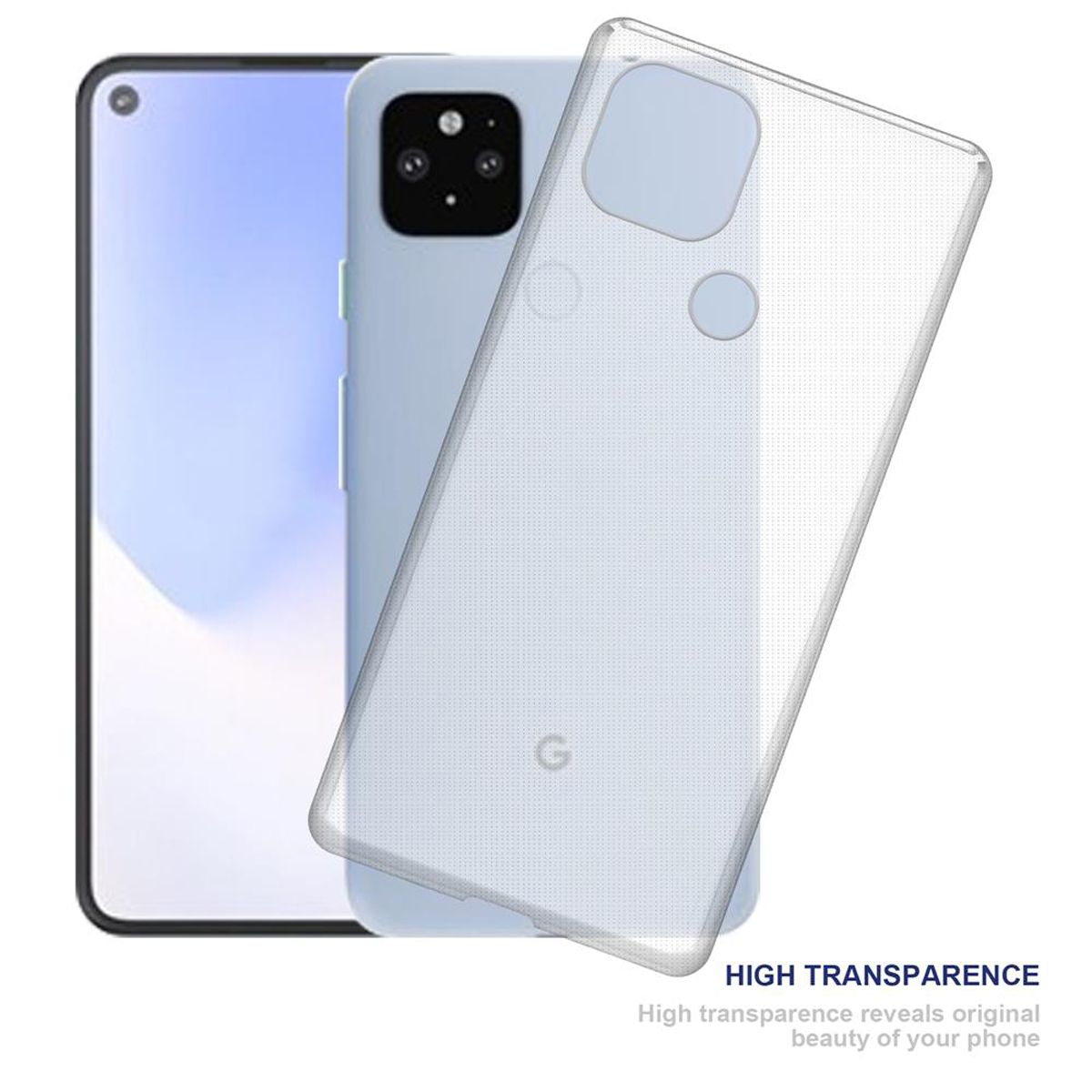 Funda transparente para teléfono en un teléfono. Texto: ALTA TRANSPARENCIA. Muestra la belleza original del teléfono.