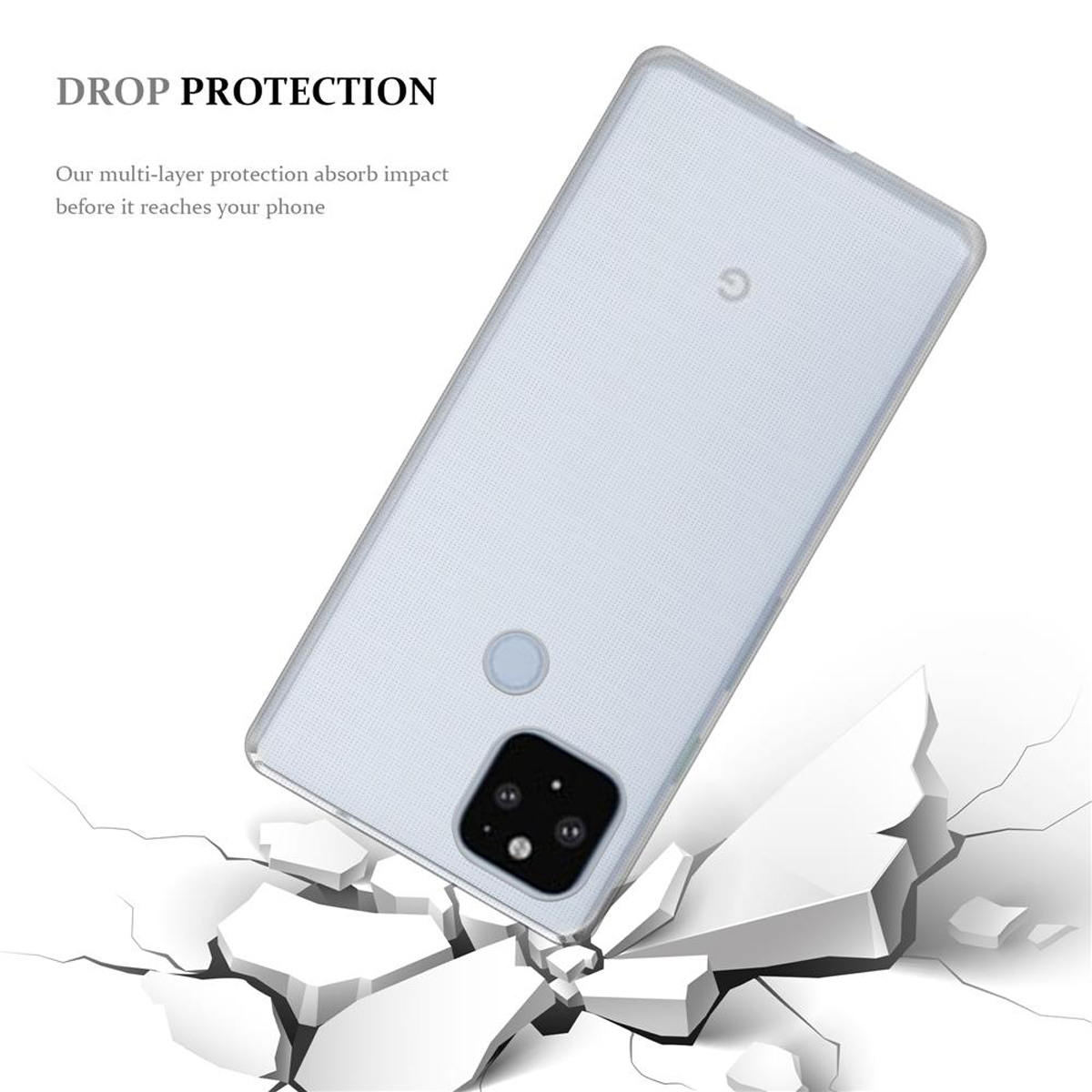 Funda transparente sobre superficie blanca rota. Texto Drop Protection arriba. Logotipo de Google.
