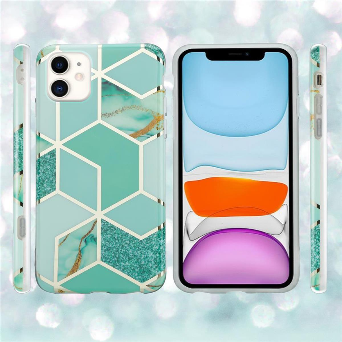 Un telefono con una custodia dal design geometrico. Sono presenti più viste della custodia.