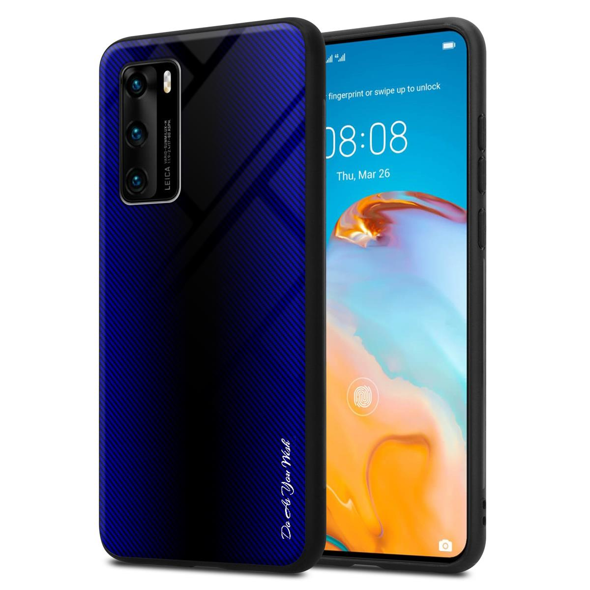 Custodia sfumata blu-nera su telefono. Lo schermo mostra blocco schermo. Testo: 'Do it You Wish'.