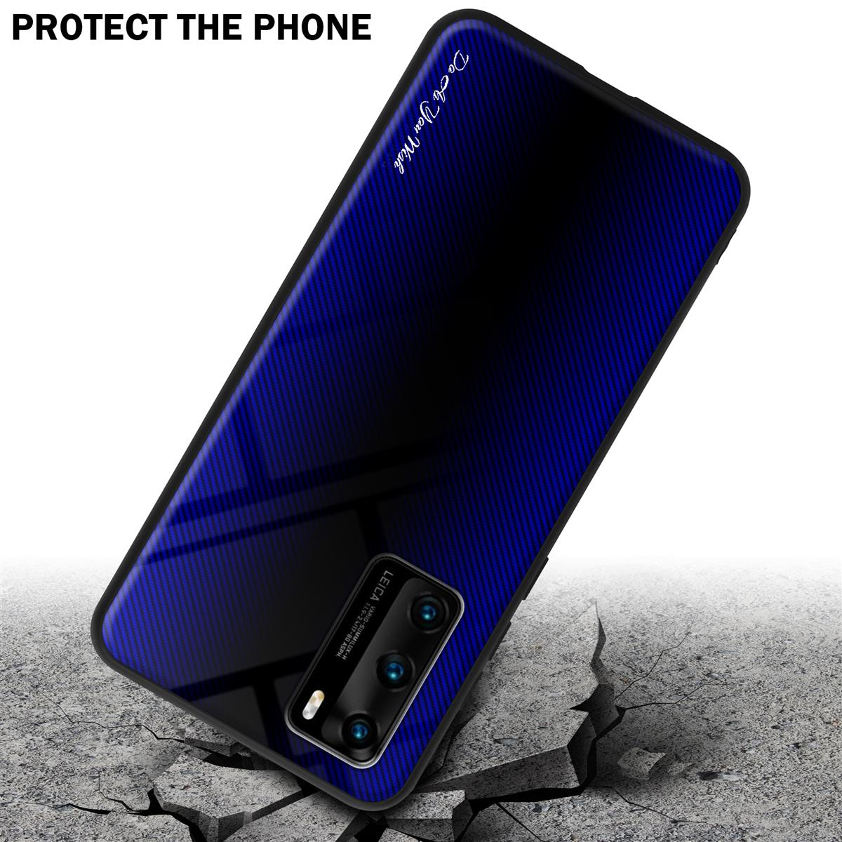 Custodia per telefono blu-nera, con effetto pavimento incrinato. "Protect the phone" in alto.