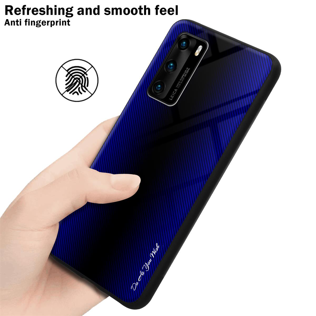 Mano che tiene un telefono con custodia blu. Icona dell'impronta digitale in alto a sinistra.