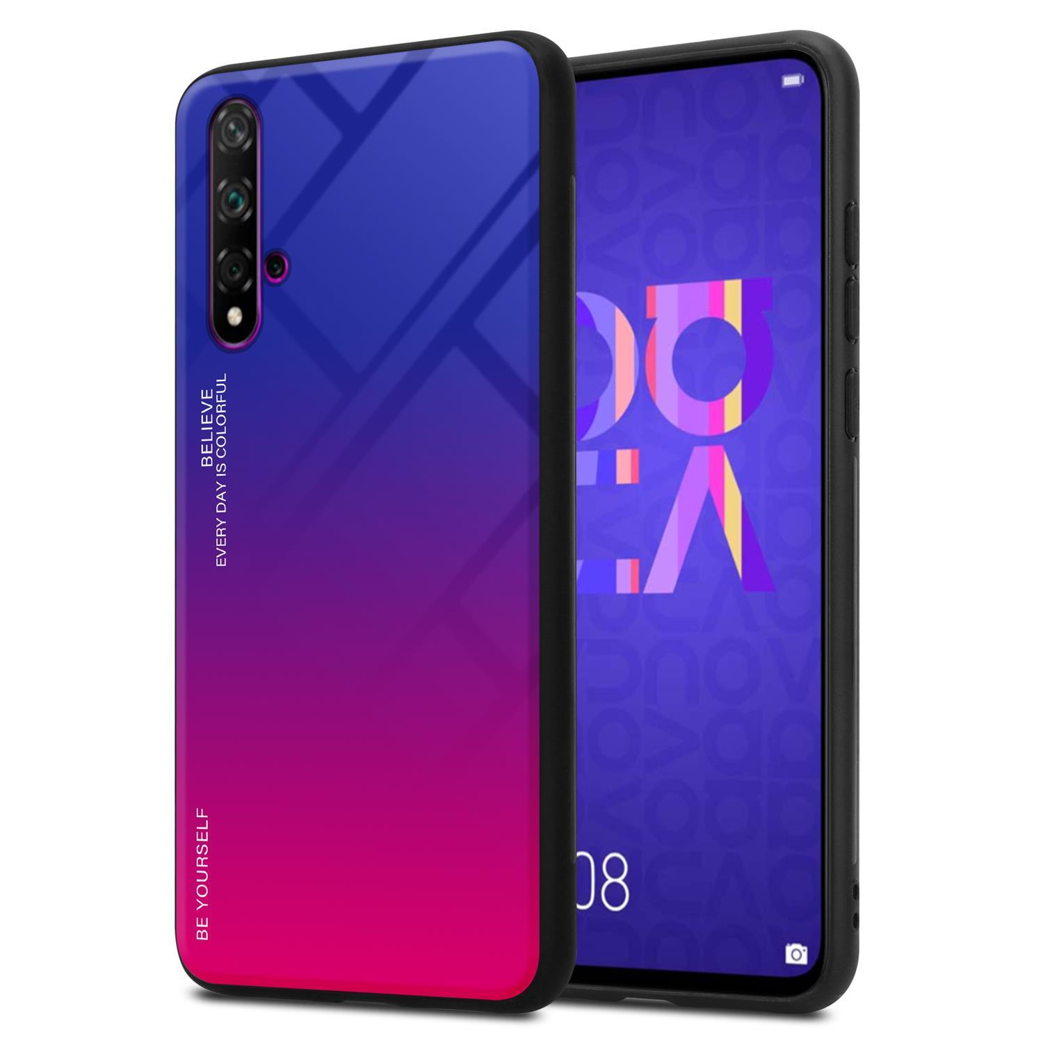 Telefono in una custodia con sfumatura da blu a rosa.