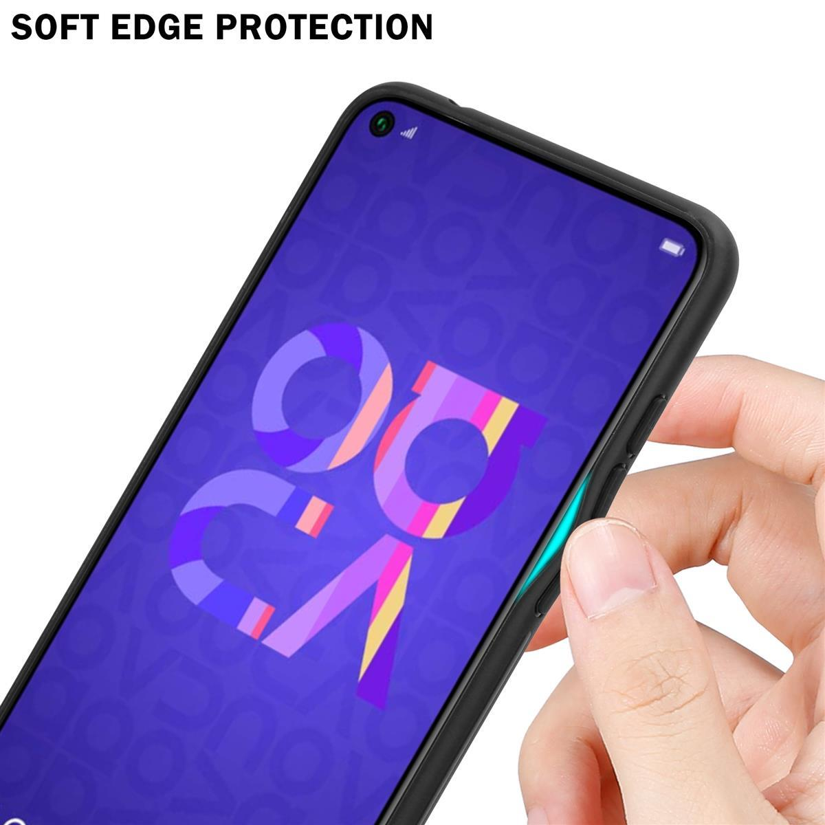 Una mano tocca una custodia per telefono che mostra la funzione di protezione dei bordi, il telefono mostra un logo.