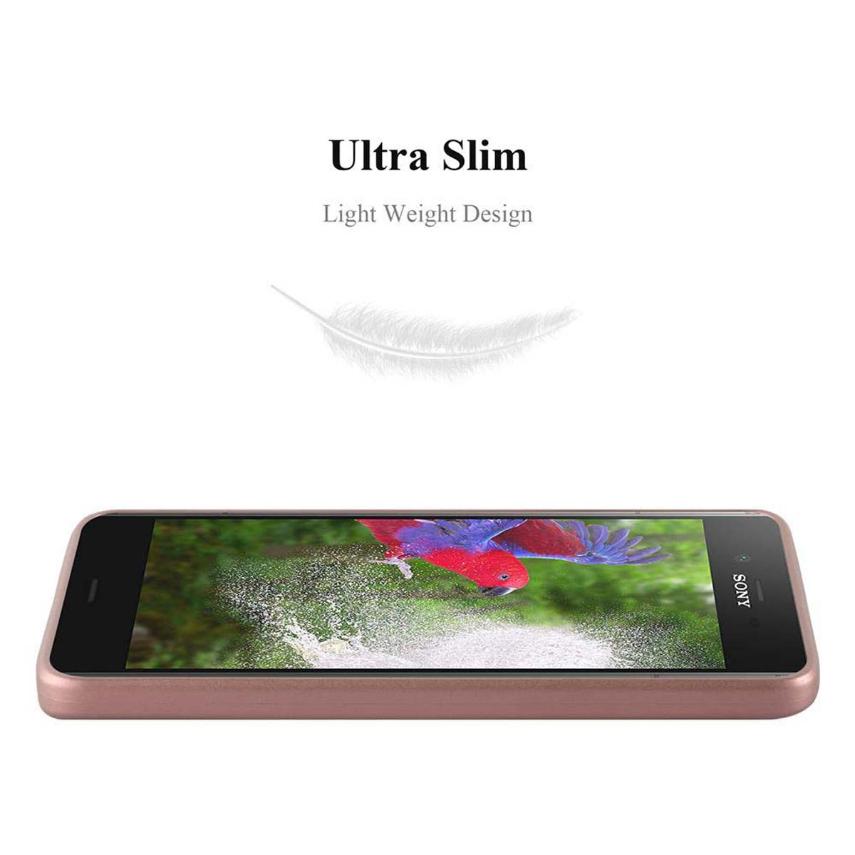 Un telefono, con una custodia rosa, appoggiato su una superficie e una grafica di piume sopra.